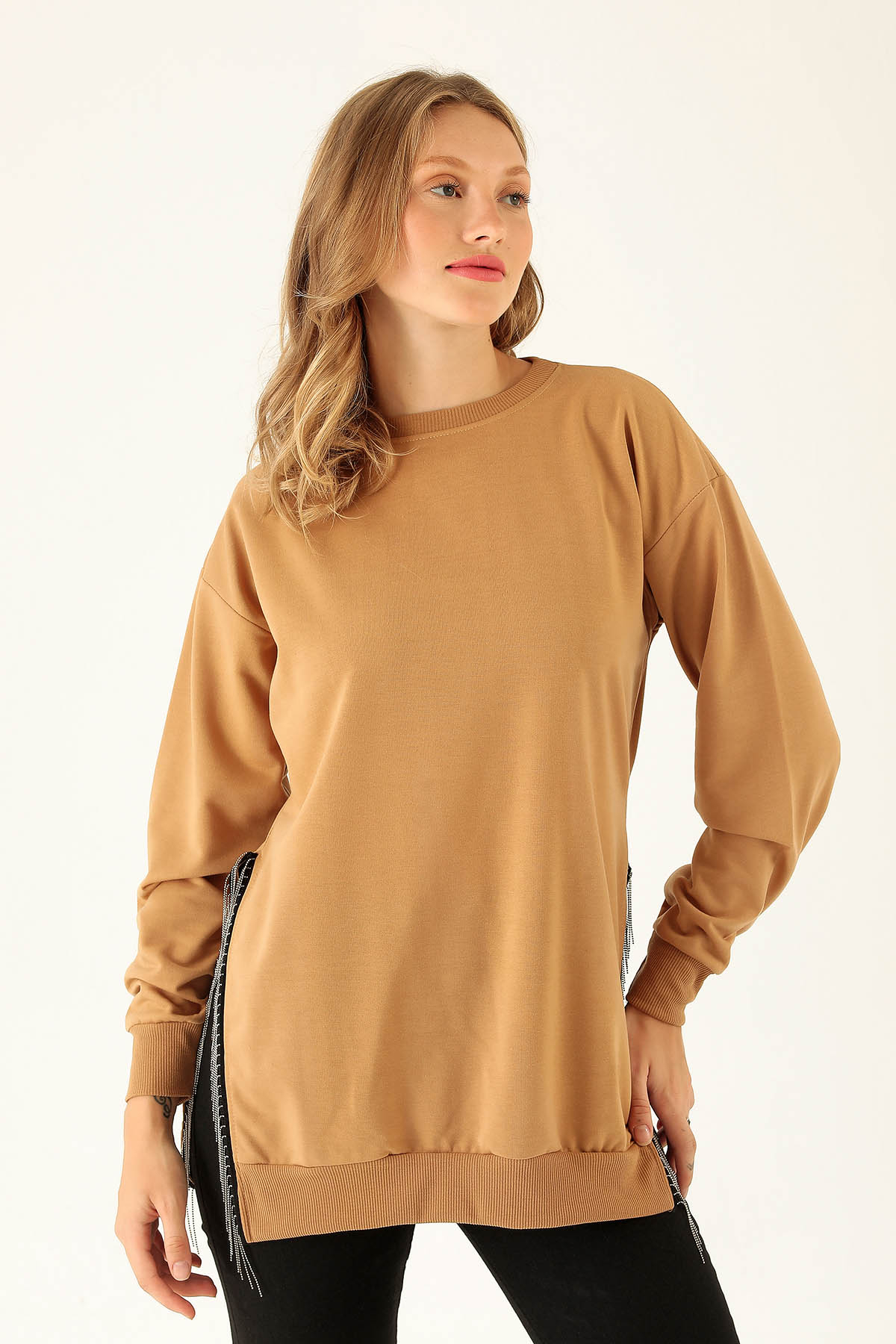 Yan Yırtmaç Zincirli Bayan Sweat - 0011 Camel - 2