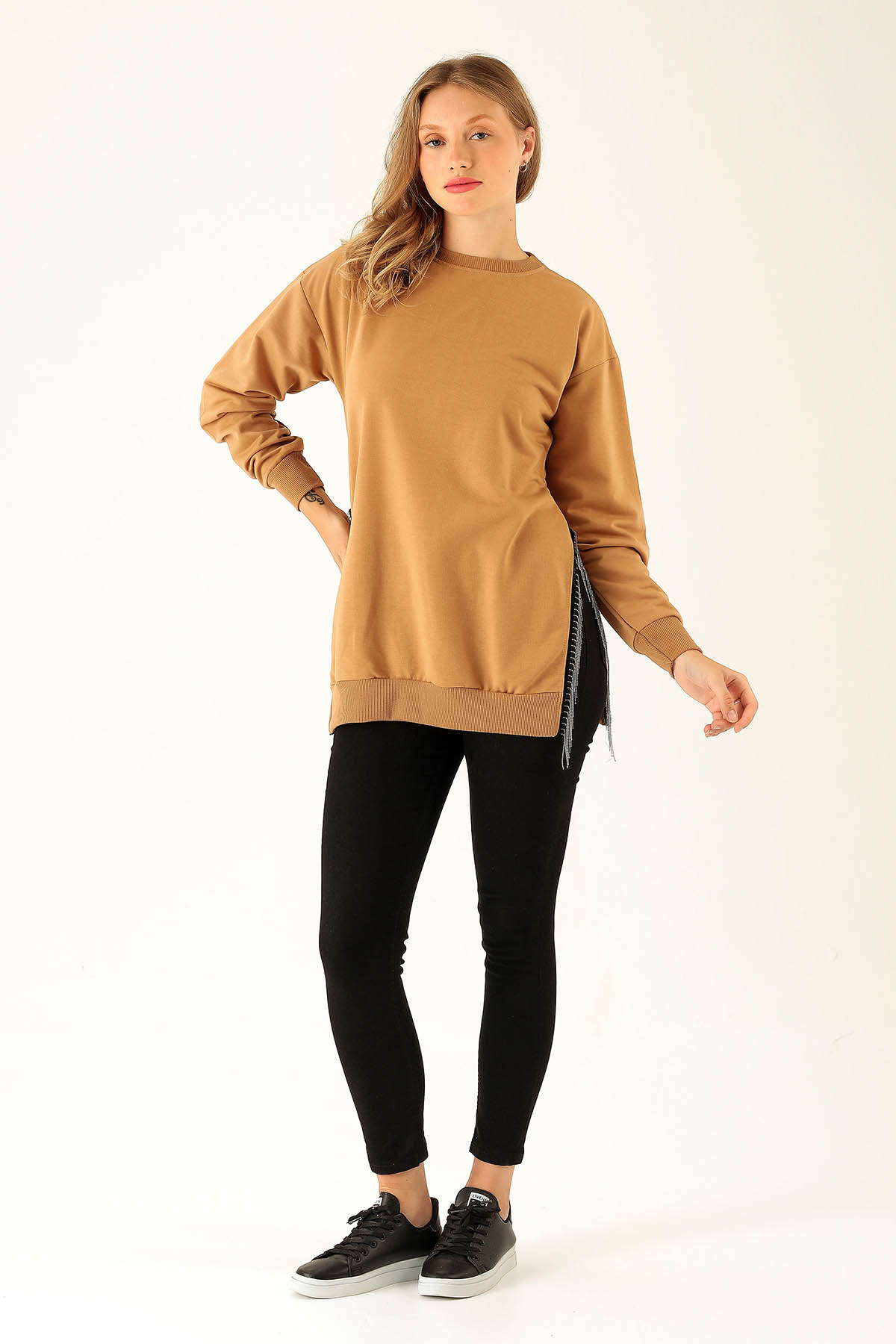 Yan Yırtmaç Zincirli Bayan Sweat - 0011 Camel - 3