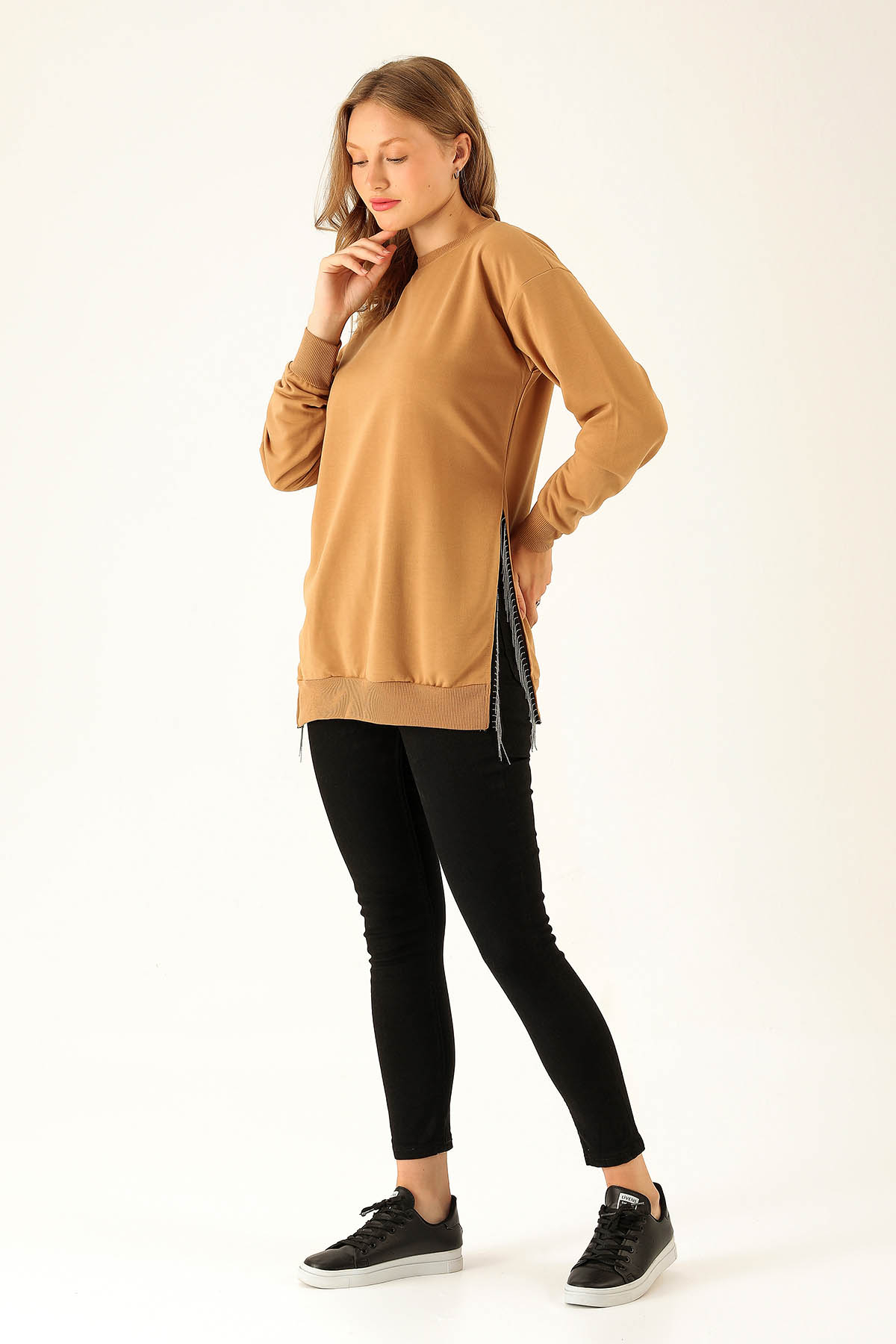 Yan Yırtmaç Zincirli Bayan Sweat - 0011 Camel - 4