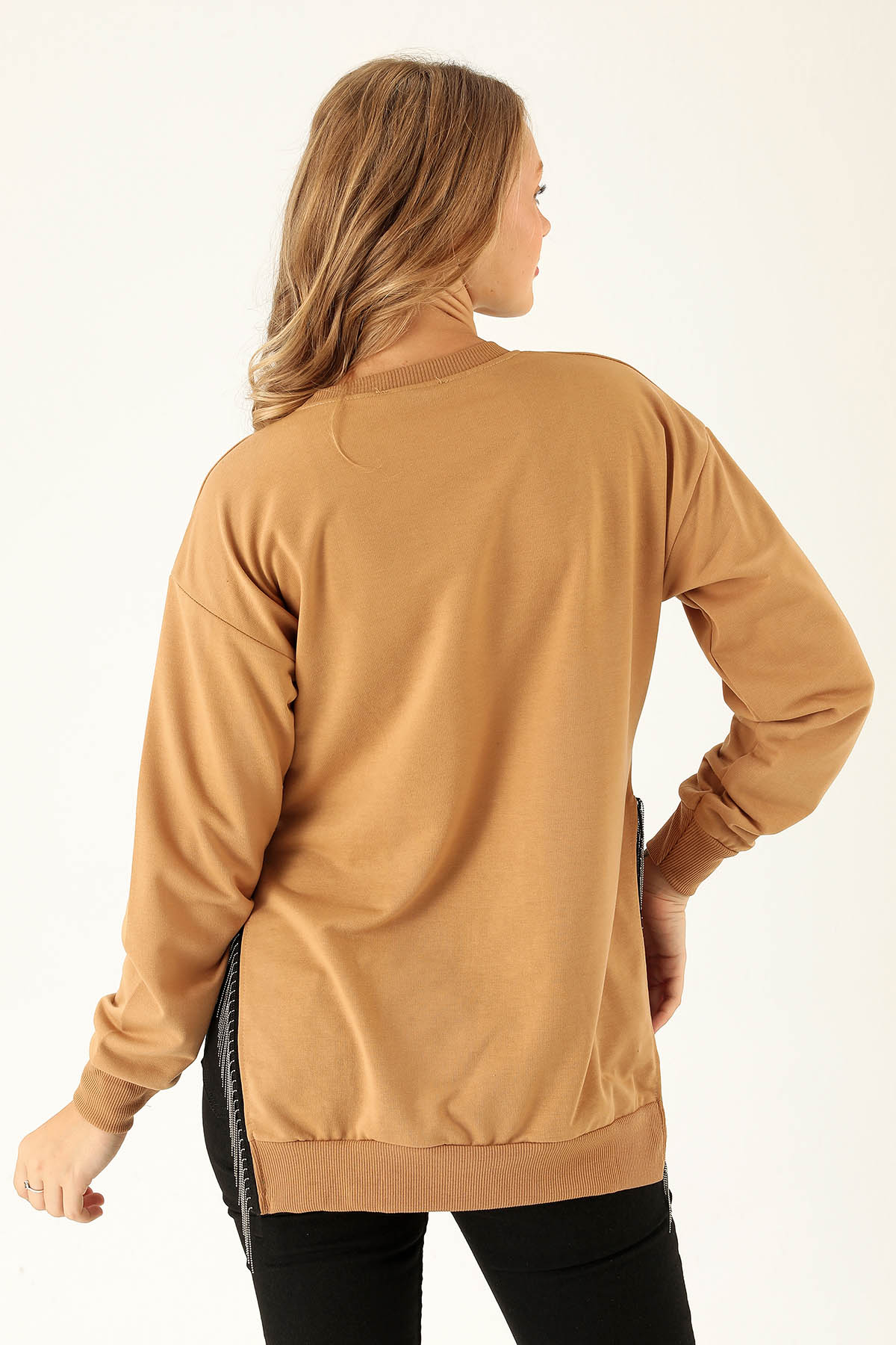 Yan Yırtmaç Zincirli Bayan Sweat - 0011 Camel - 5