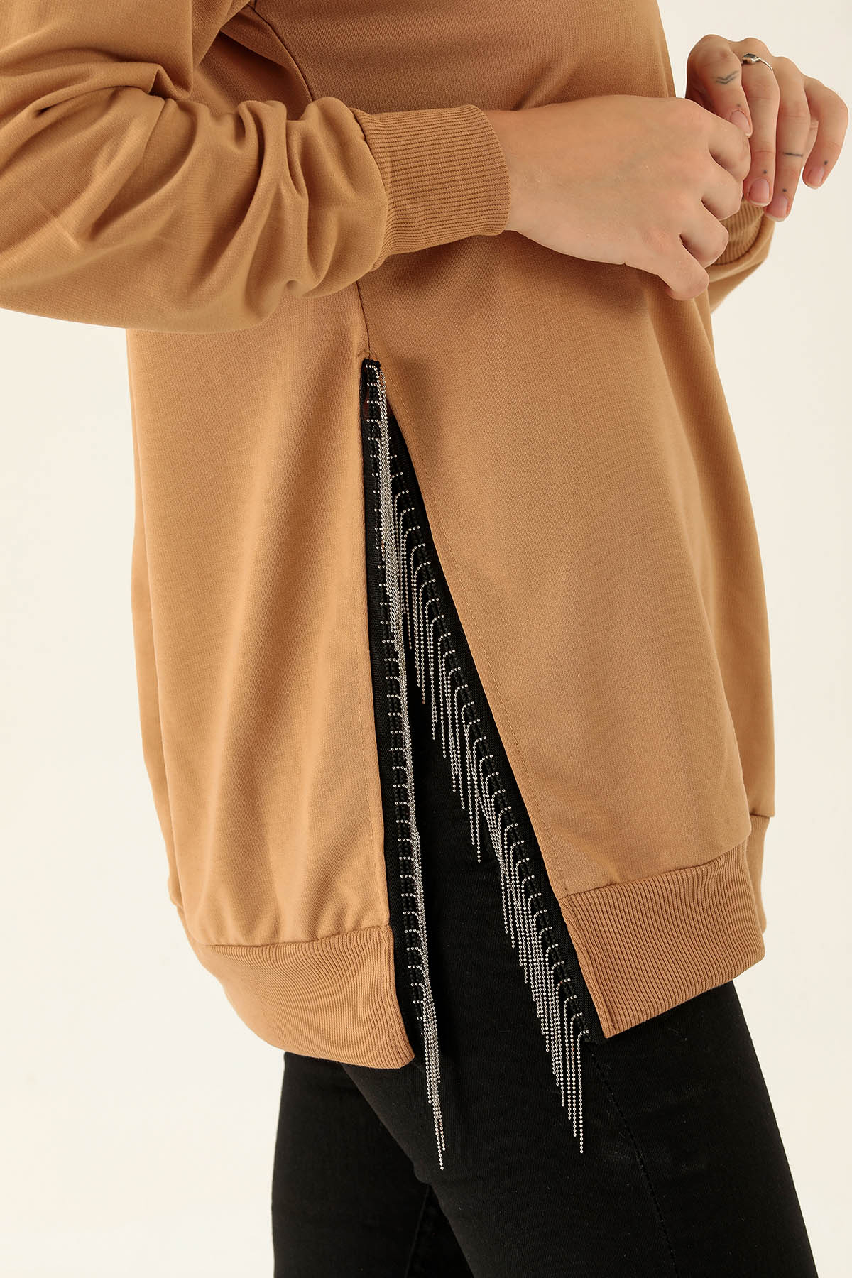 Yan Yırtmaç Zincirli Bayan Sweat - 0011 Camel - 6