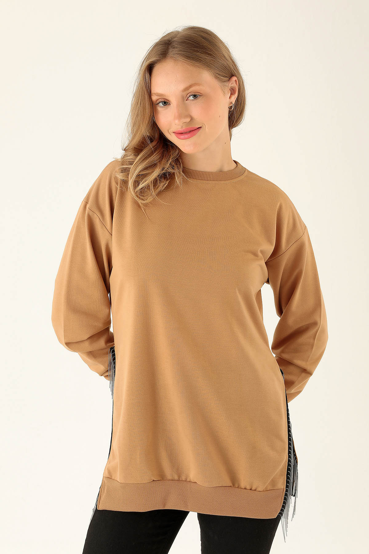 Yan Yırtmaç Zincirli Bayan Sweat - 0011 Camel 