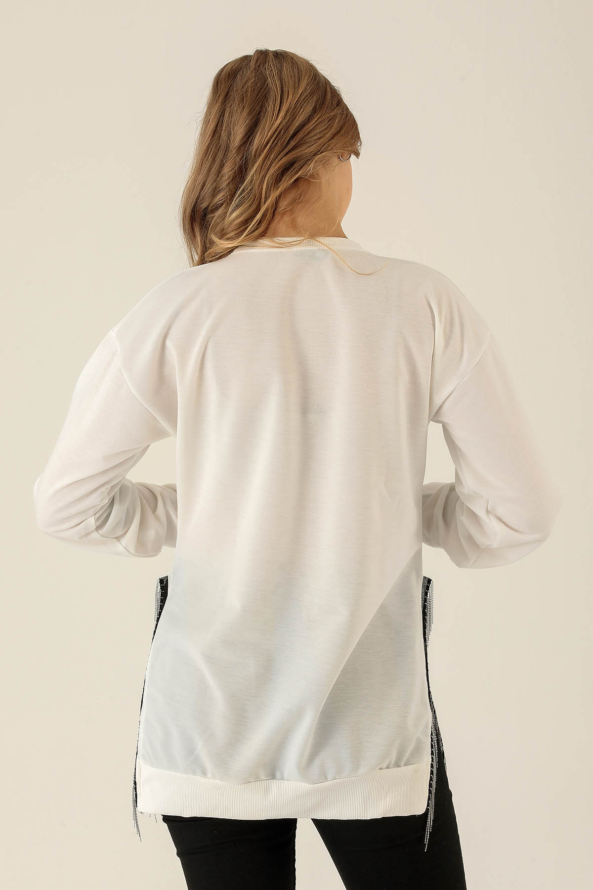 Yan Yırtmaç Zincirli Bayan Sweat - 0011 Ekru - 5