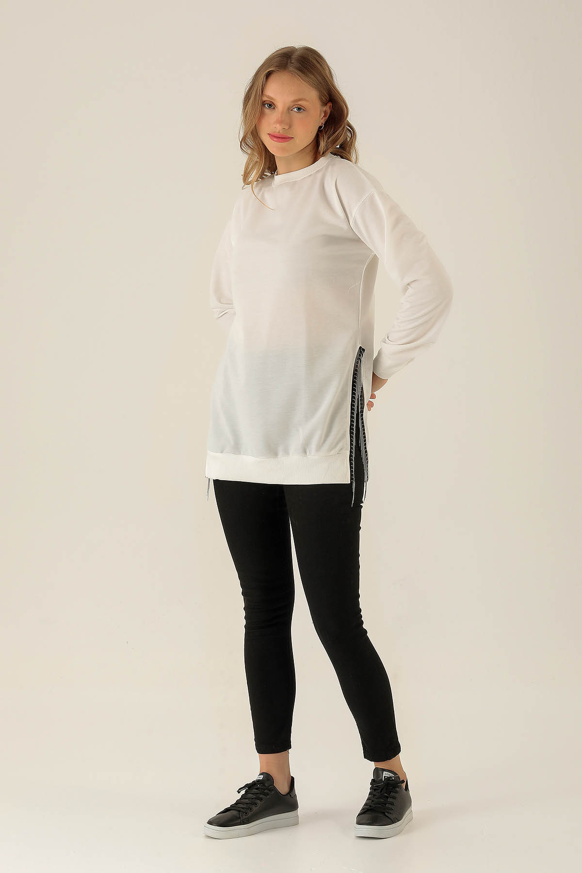 Yan Yırtmaç Zincirli Bayan Sweat - 0011 Ekru - 4