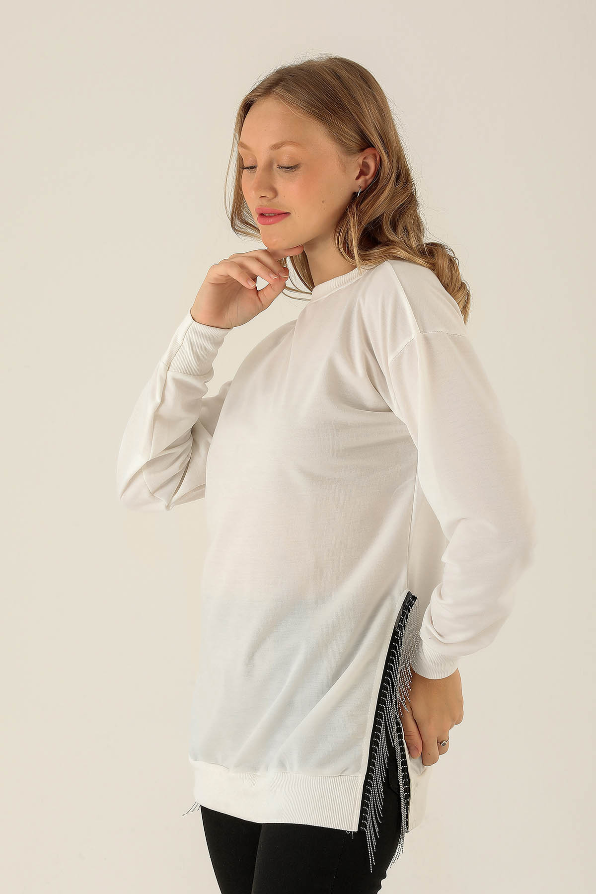 Yan Yırtmaç Zincirli Bayan Sweat - 0011 Ekru - 2