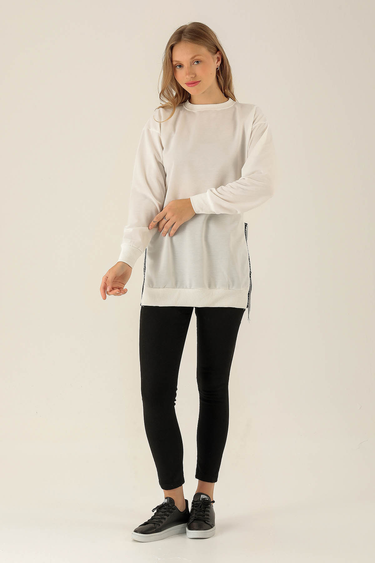 Yan Yırtmaç Zincirli Bayan Sweat - 0011 Ekru - 3