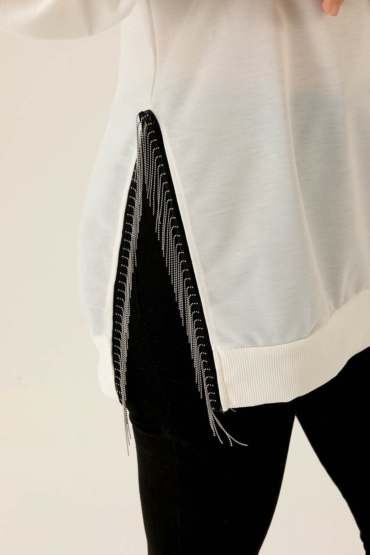 Yan Yırtmaç Zincirli Bayan Sweat - 0011 Ekru - 6