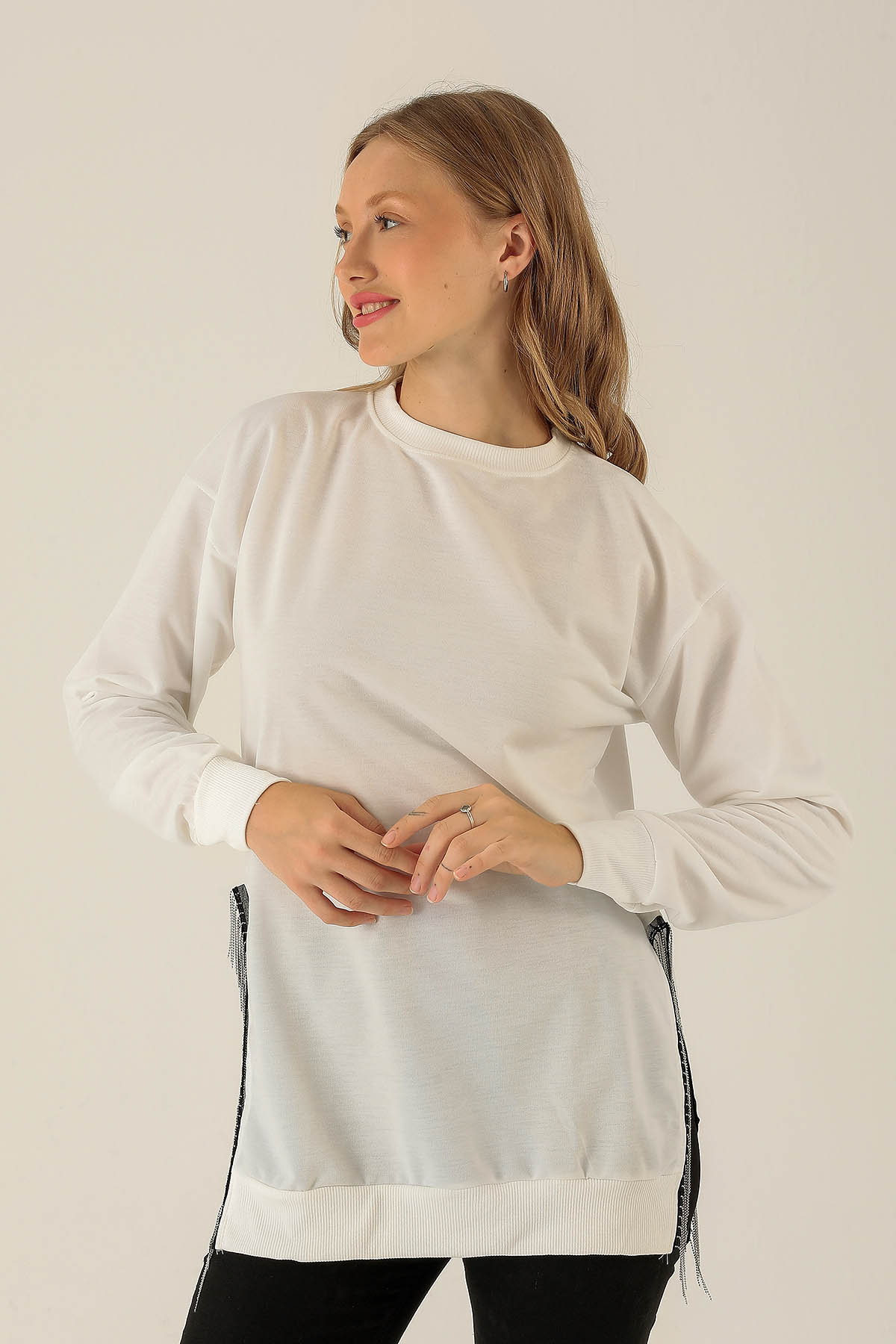 Yan Yırtmaç Zincirli Bayan Sweat - 0011 Ekru 