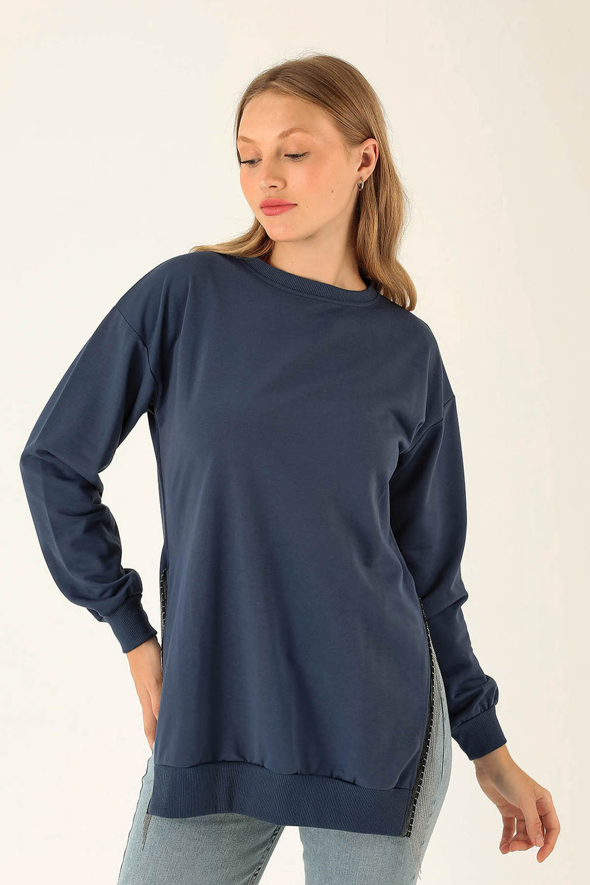 Yan Yırtmaç Zincirli Bayan Sweat - 0011 İndigo - 2