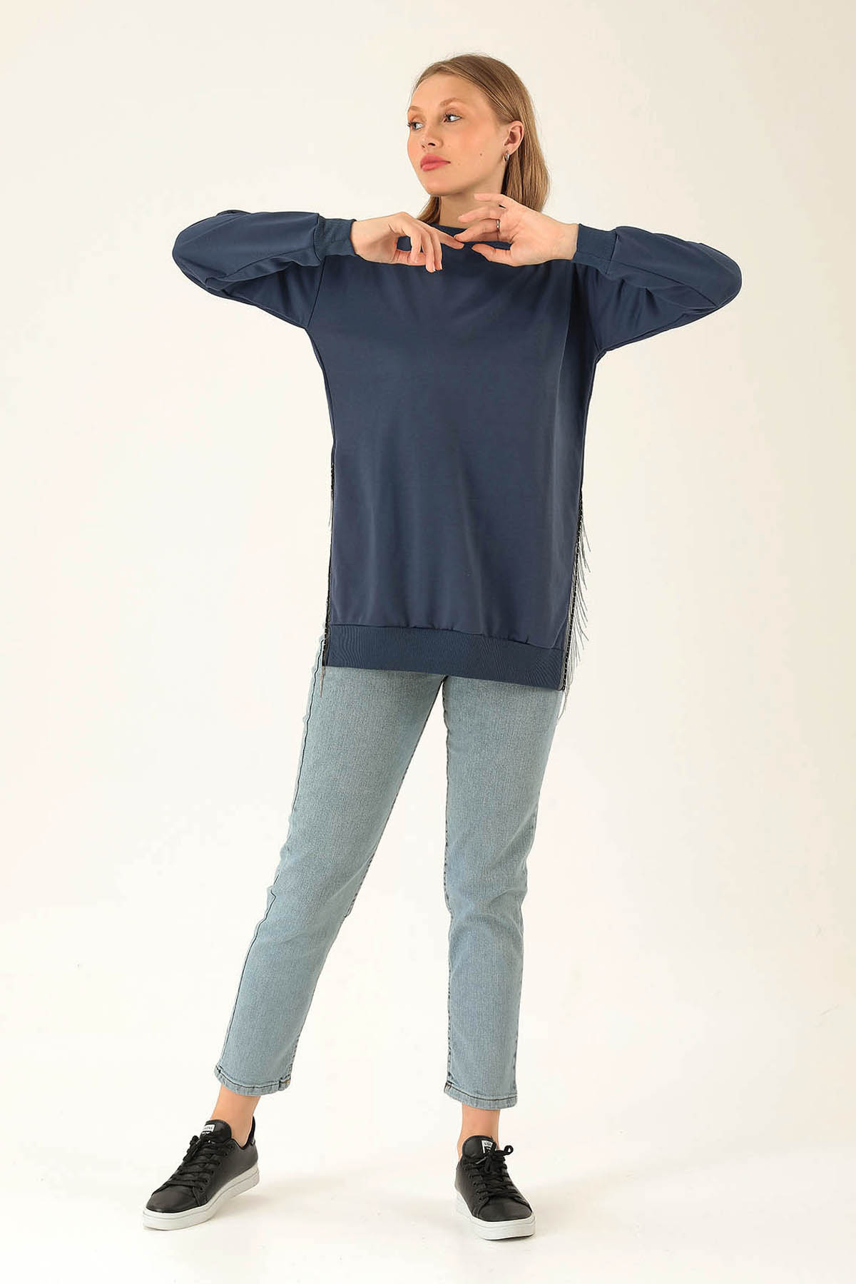 Yan Yırtmaç Zincirli Bayan Sweat - 0011 İndigo - 4