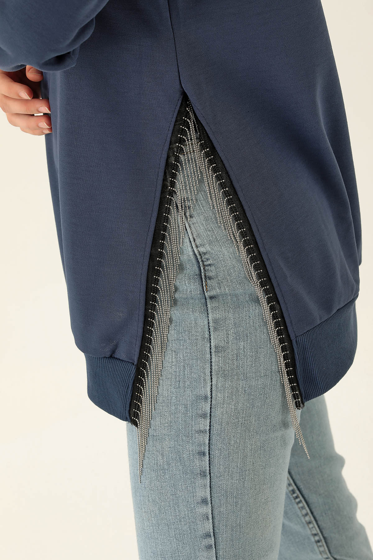 Yan Yırtmaç Zincirli Bayan Sweat - 0011 İndigo - 6