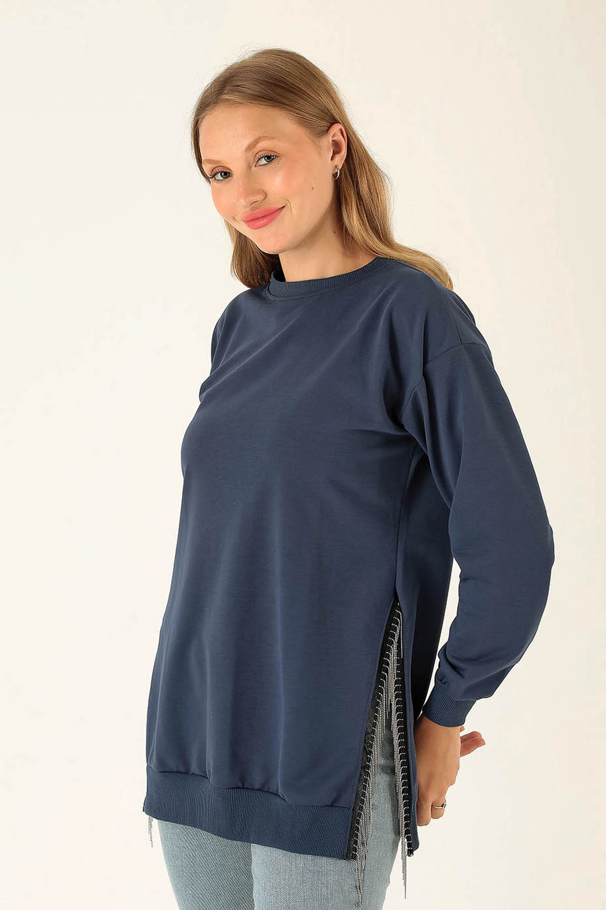 Yan Yırtmaç Zincirli Bayan Sweat - 0011 İndigo - 1