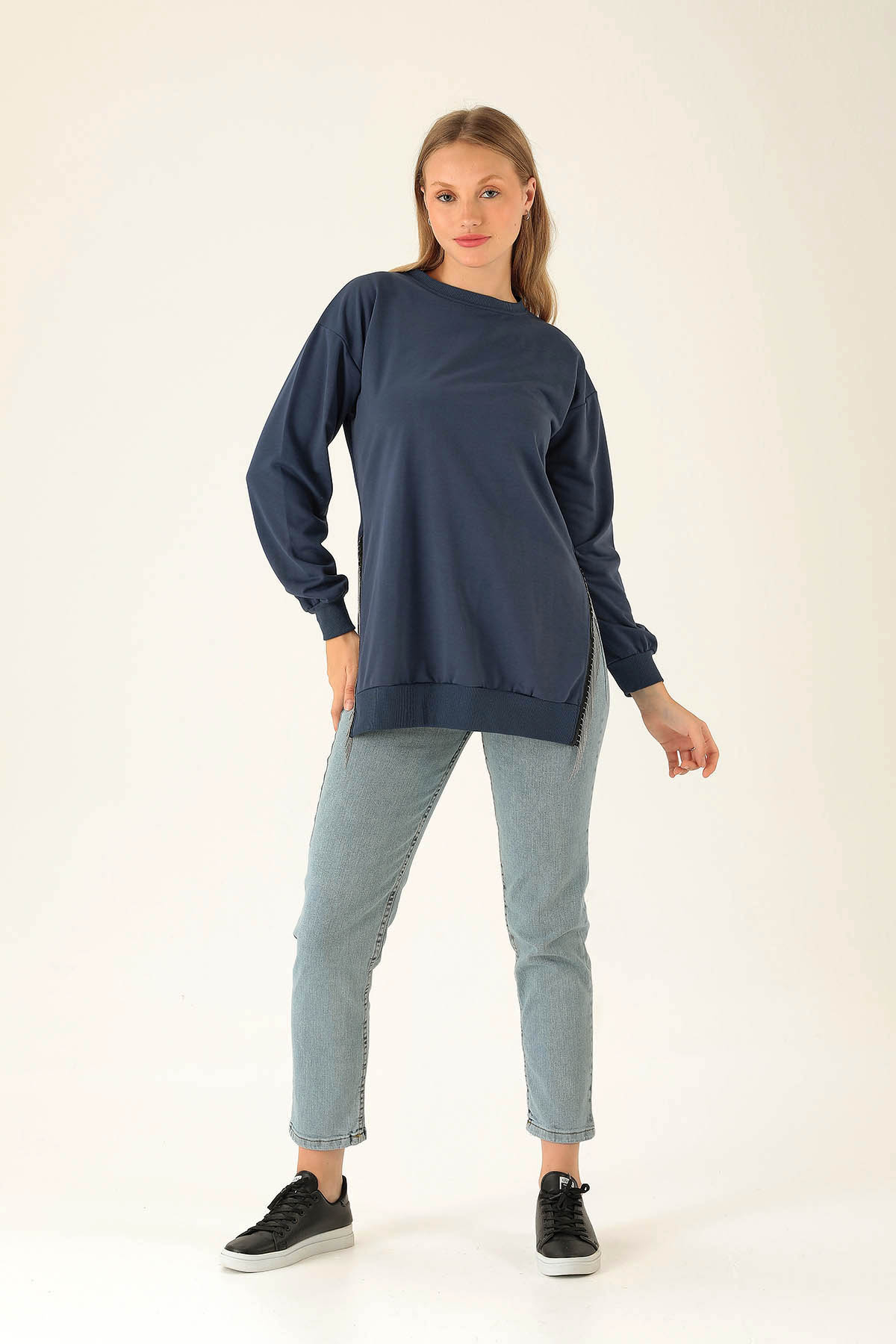 Yan Yırtmaç Zincirli Bayan Sweat - 0011 İndigo - 3