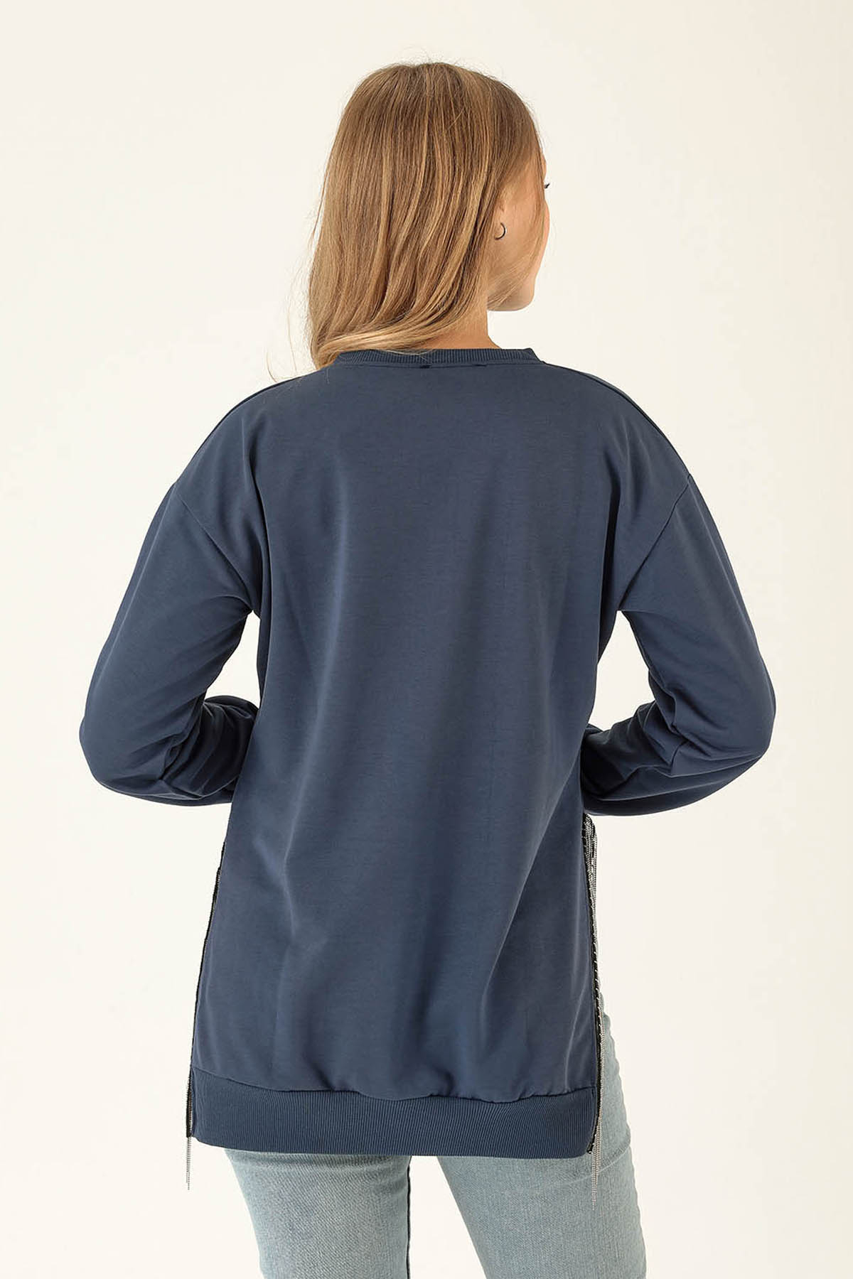 Yan Yırtmaç Zincirli Bayan Sweat - 0011 İndigo - 5