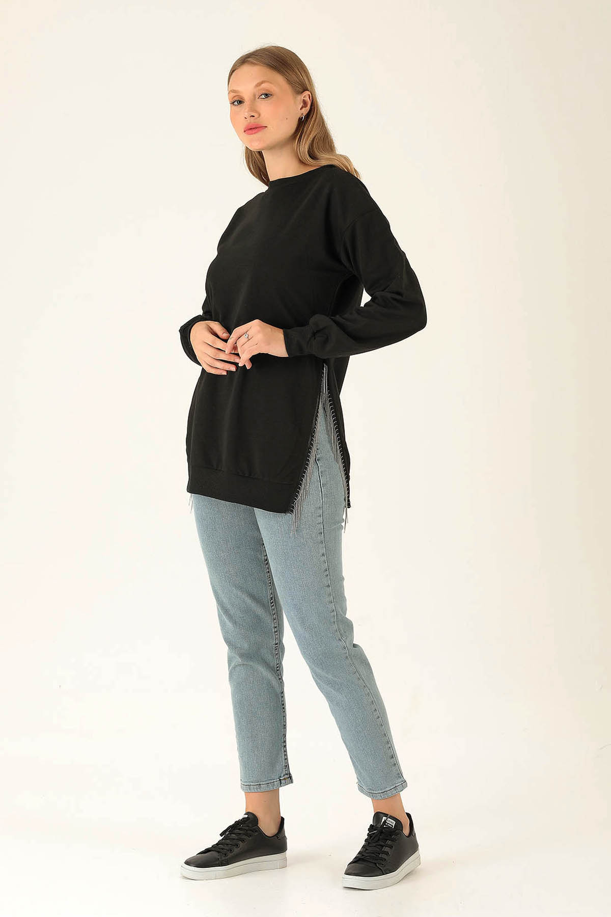 Yan Yırtmaç Zincirli Bayan Sweat - 0011 Siyah - 4