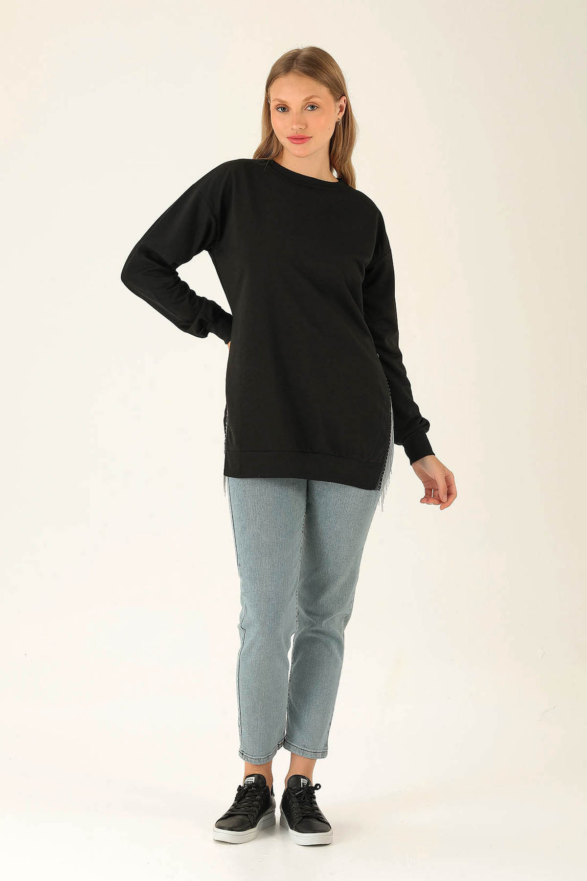 Yan Yırtmaç Zincirli Bayan Sweat - 0011 Siyah - 3