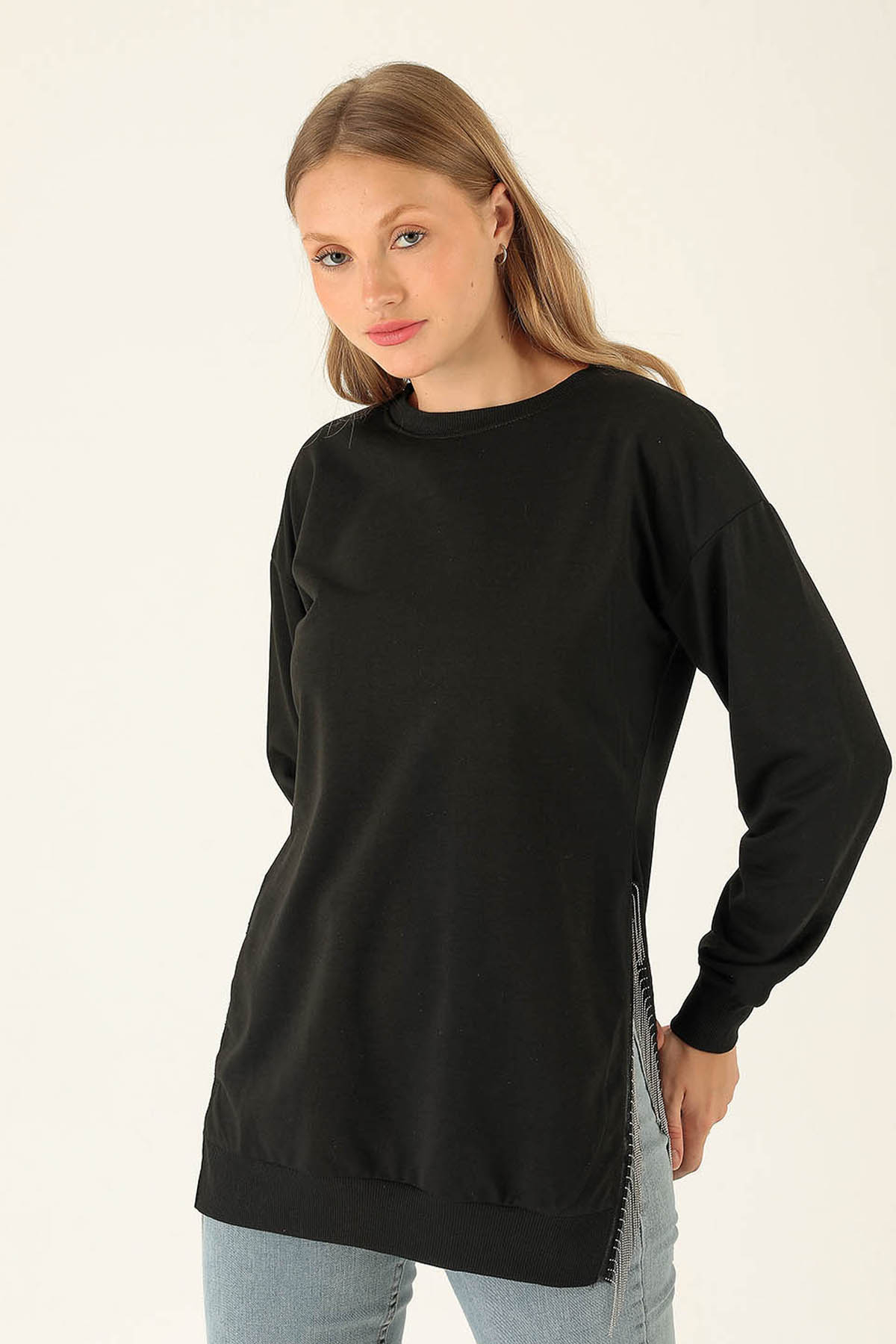 Yan Yırtmaç Zincirli Bayan Sweat - 0011 Siyah - 1