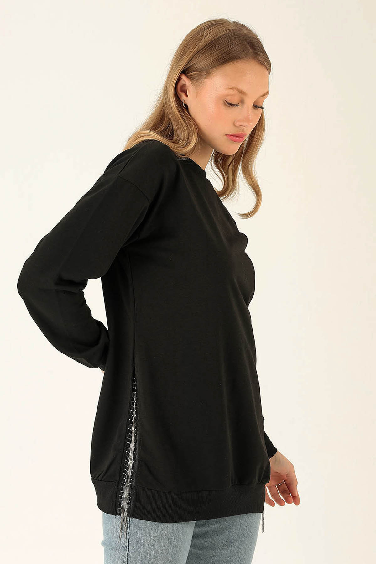 Yan Yırtmaç Zincirli Bayan Sweat - 0011 Siyah - 2