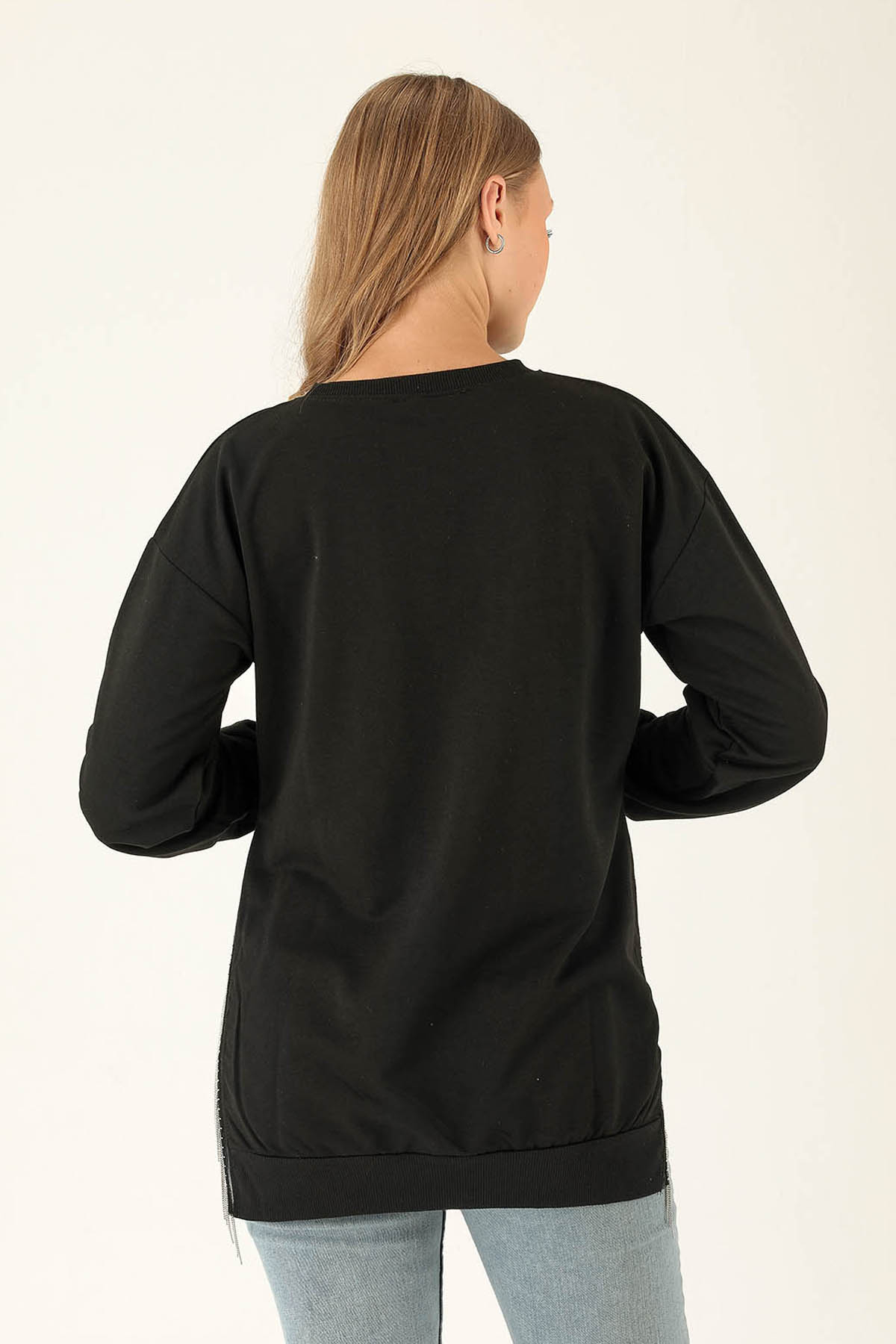 Yan Yırtmaç Zincirli Bayan Sweat - 0011 Siyah - 5