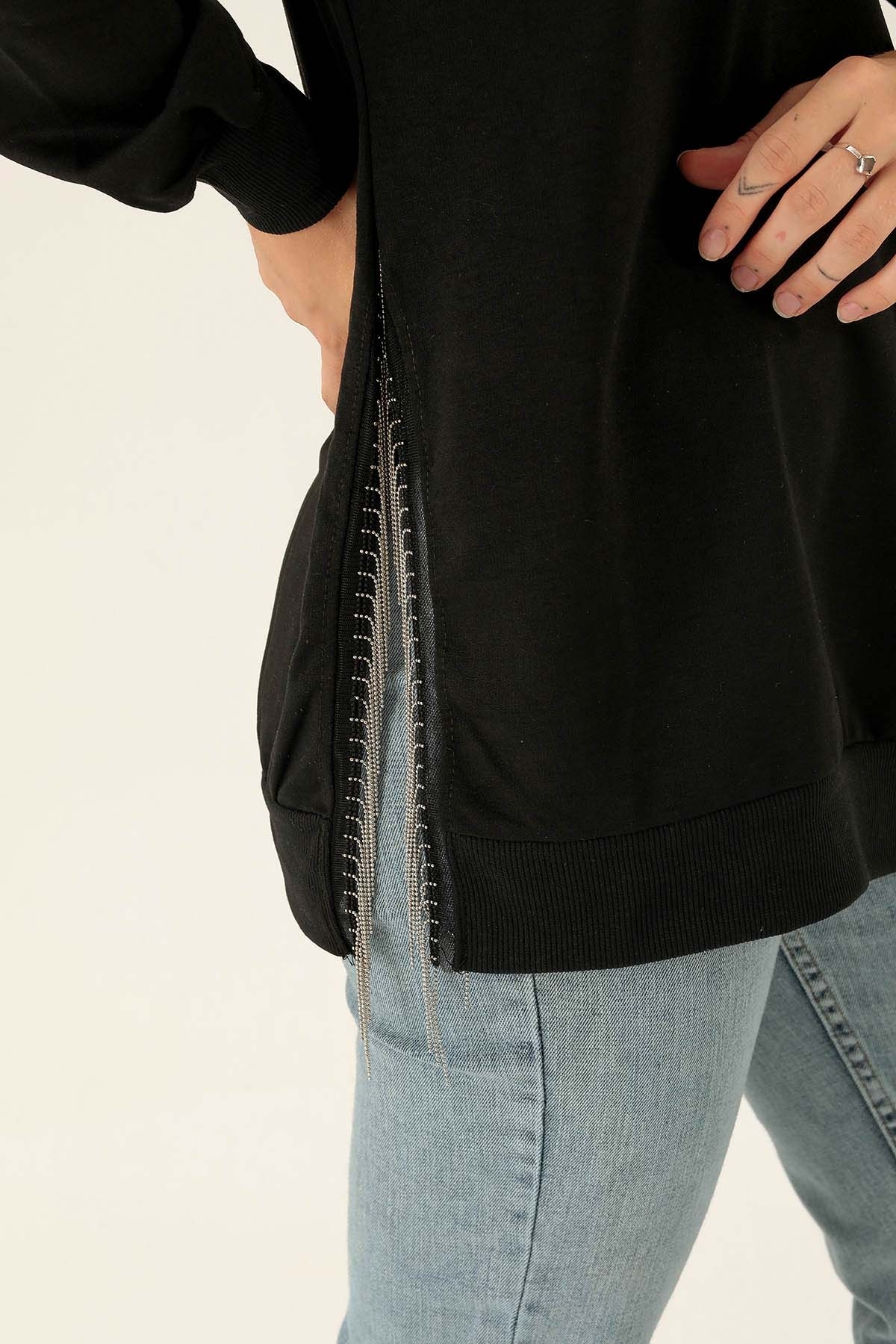 Yan Yırtmaç Zincirli Bayan Sweat - 0011 Siyah - 6