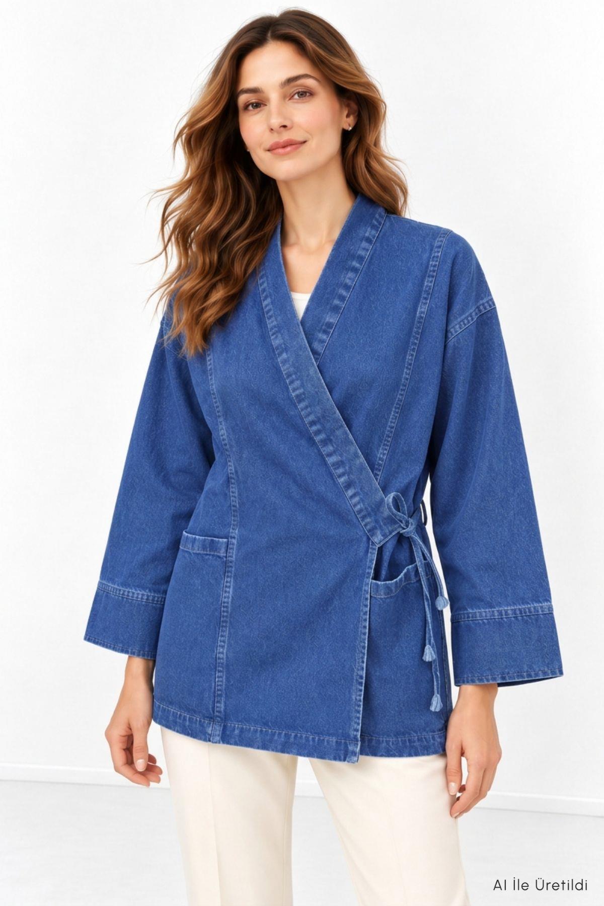 Yandan Bağlamalı Kot Kimono 3516 Koyu Mavi - 1