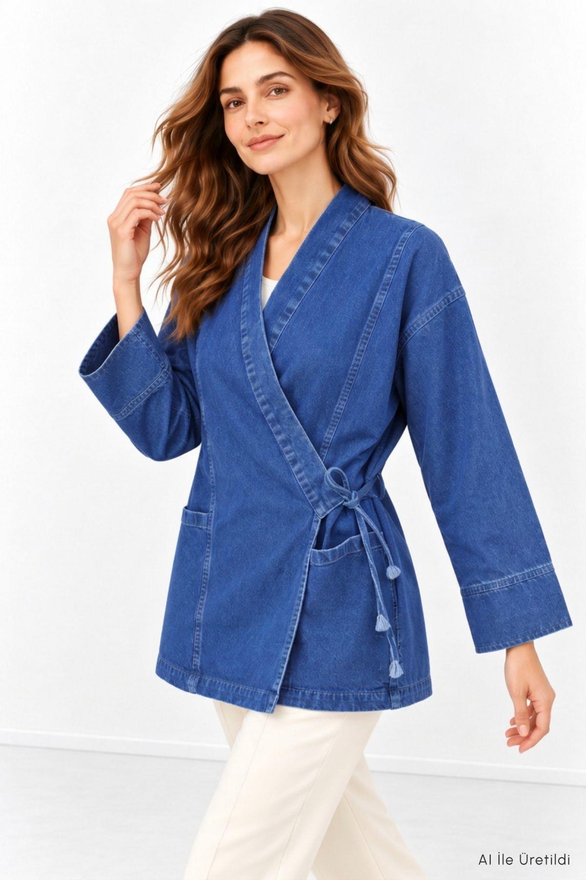 Yandan Bağlamalı Kot Kimono 3516 Koyu Mavi - RAYS