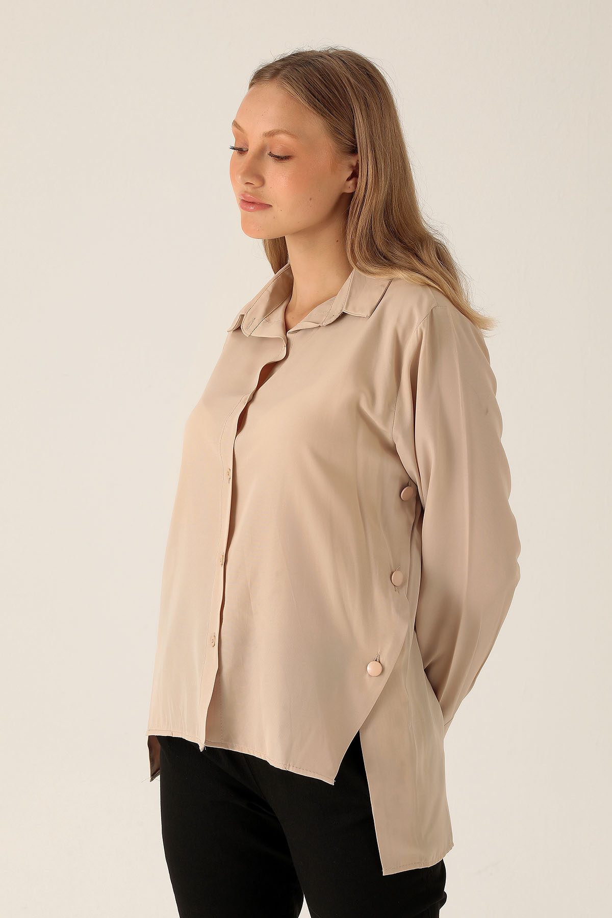Yandan Çıtçıtlı Düğmeli Bayan Gömlek - 6508A Bej - 2