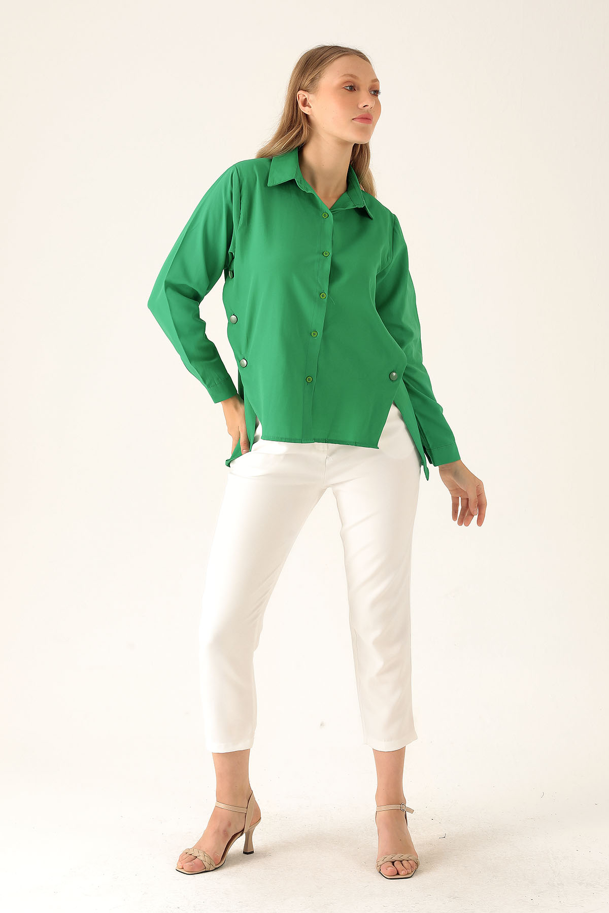 Yandan Çıtçıtlı Düğmeli Bayan Gömlek - 6508A Benetton Yeşili - 5