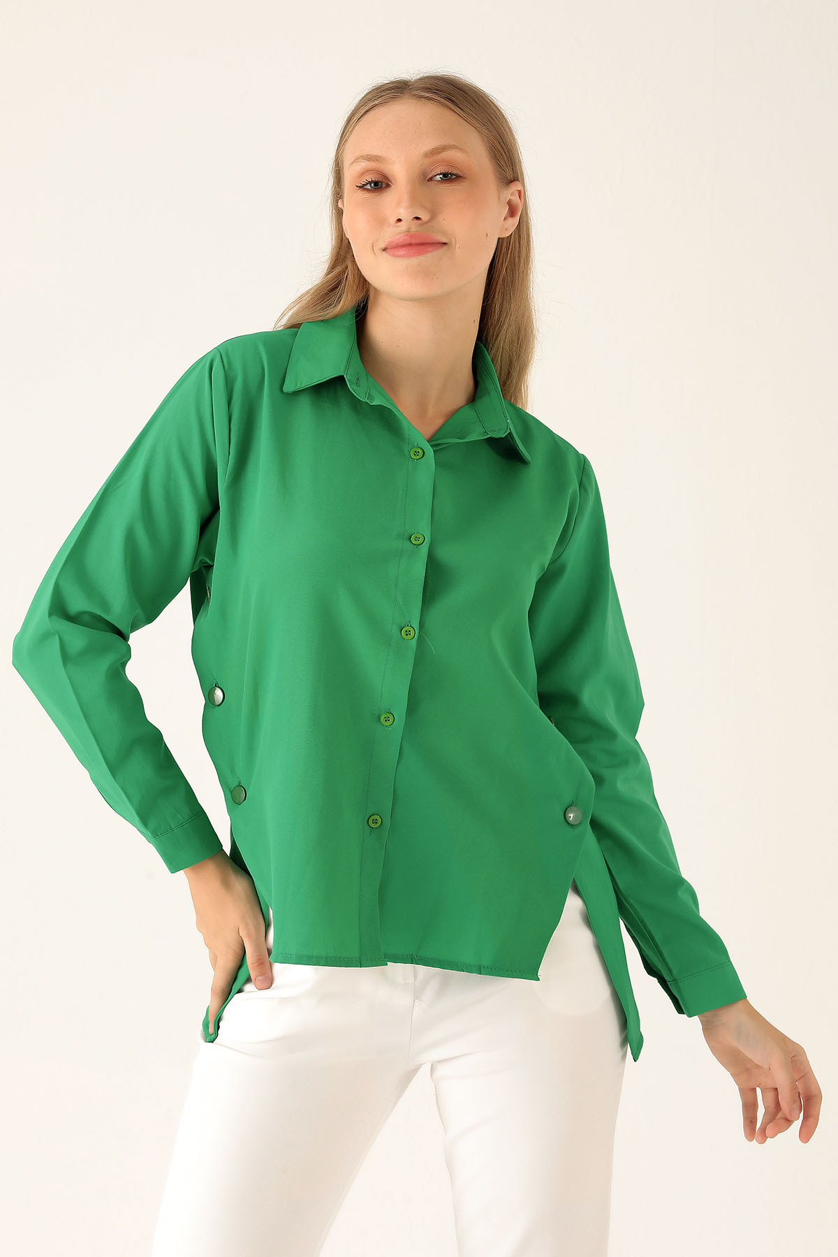 Yandan Çıtçıtlı Düğmeli Bayan Gömlek - 6508A Benetton Yeşili - 2