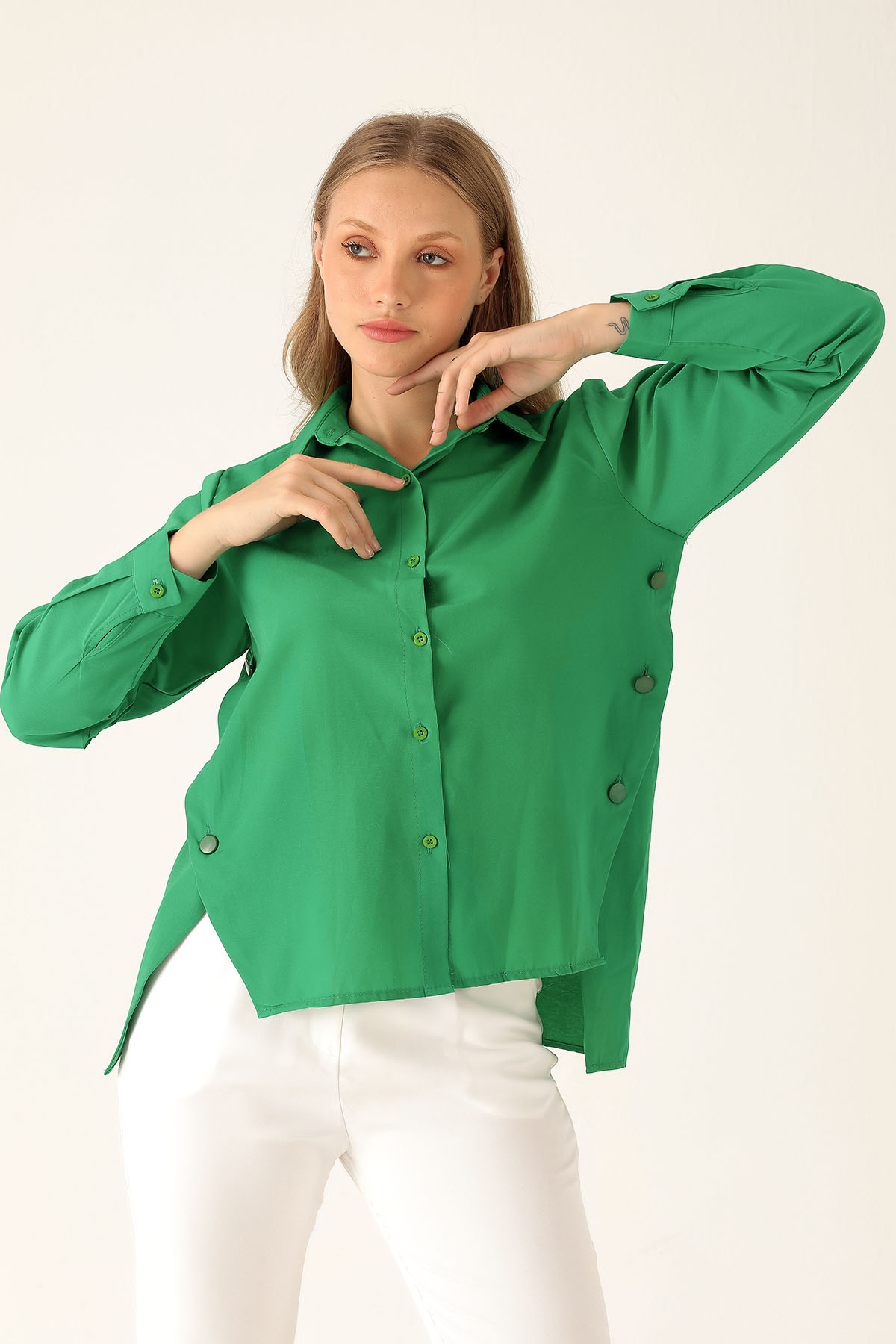 Yandan Çıtçıtlı Düğmeli Bayan Gömlek - 6508A Benetton Yeşili - 3