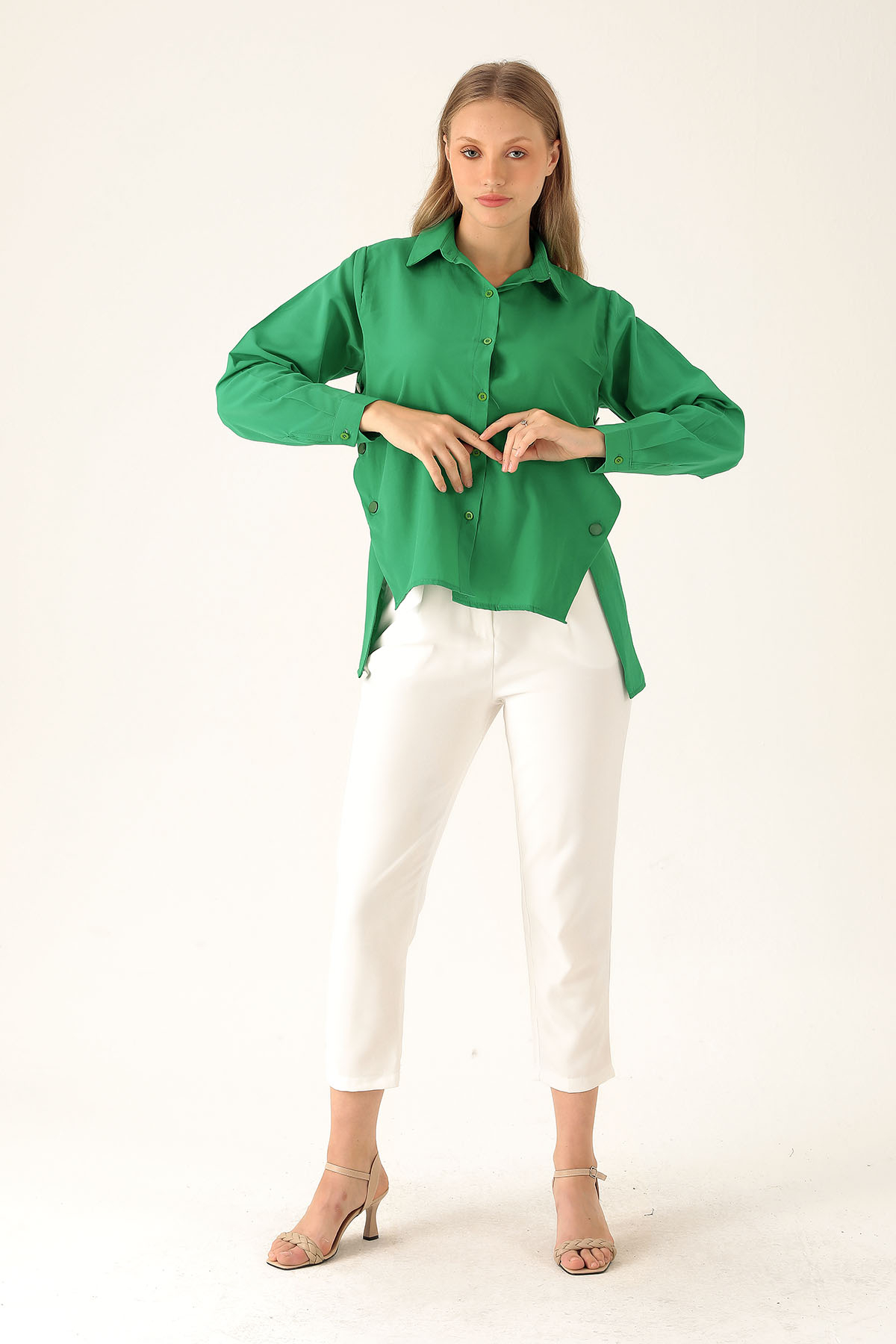 Yandan Çıtçıtlı Düğmeli Bayan Gömlek - 6508A Benetton Yeşili - 1