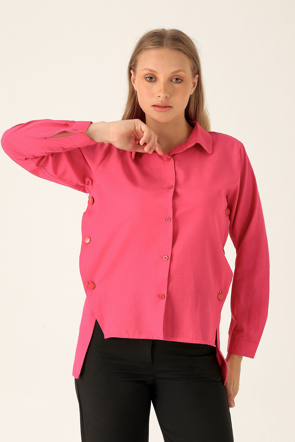Yandan Çıtçıtlı Düğmeli Bayan Gömlek - 6508A Fuşya - 1