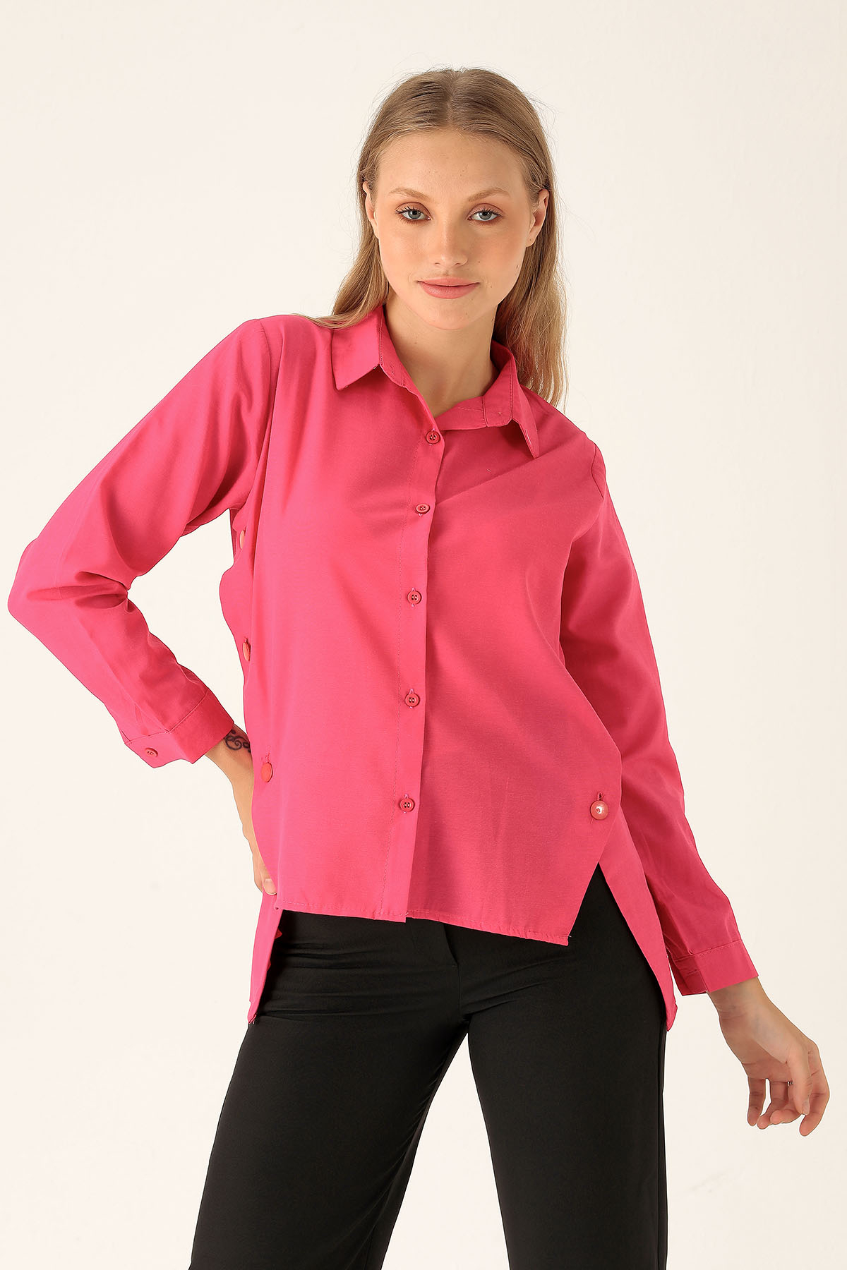 Yandan Çıtçıtlı Düğmeli Bayan Gömlek - 6508A Fuşya - 2