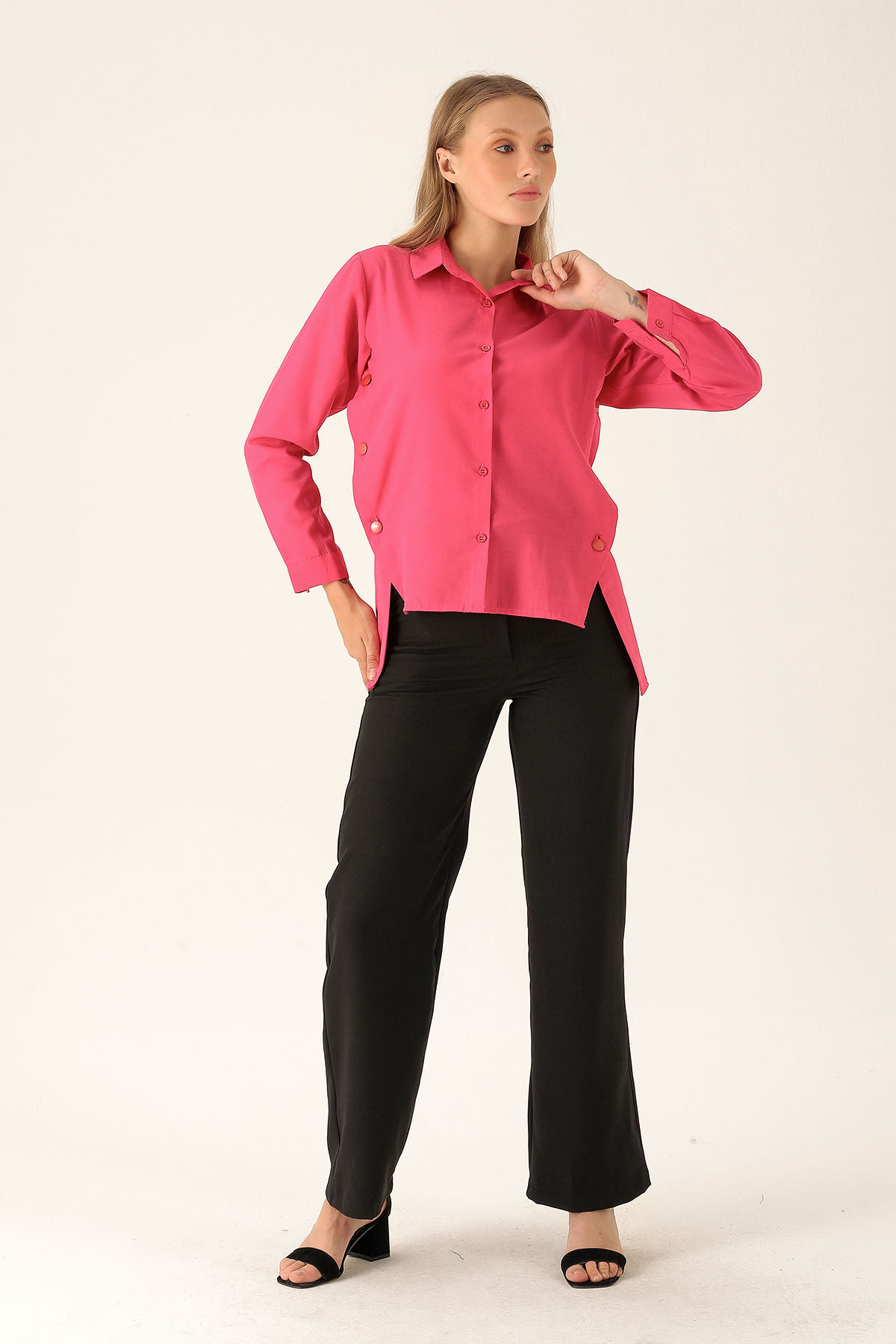 Yandan Çıtçıtlı Düğmeli Bayan Gömlek - 6508A Fuşya - 4
