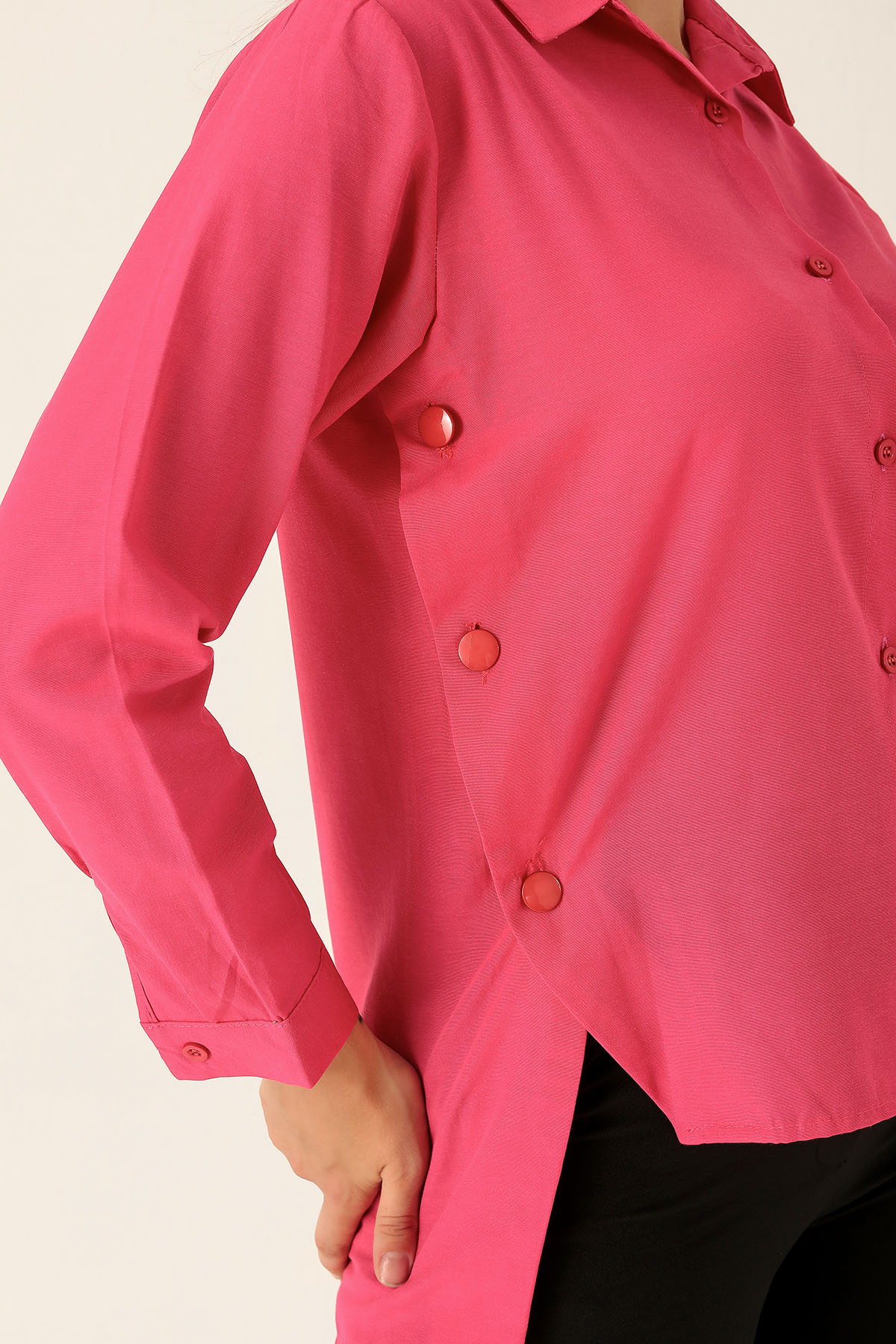 Yandan Çıtçıtlı Düğmeli Bayan Gömlek - 6508A Fuşya - 5