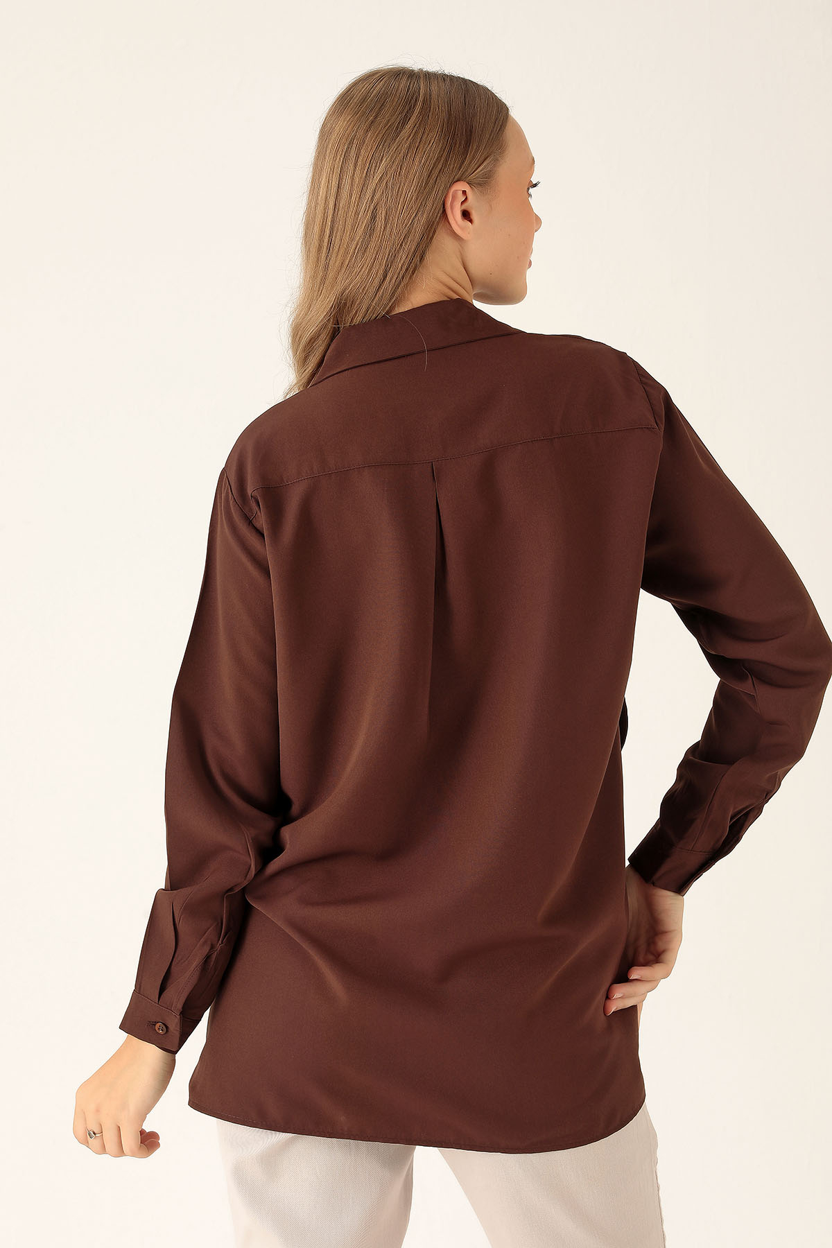 Yandan Çıtçıtlı Düğmeli Bayan Gömlek - 6508A Kahve - 3