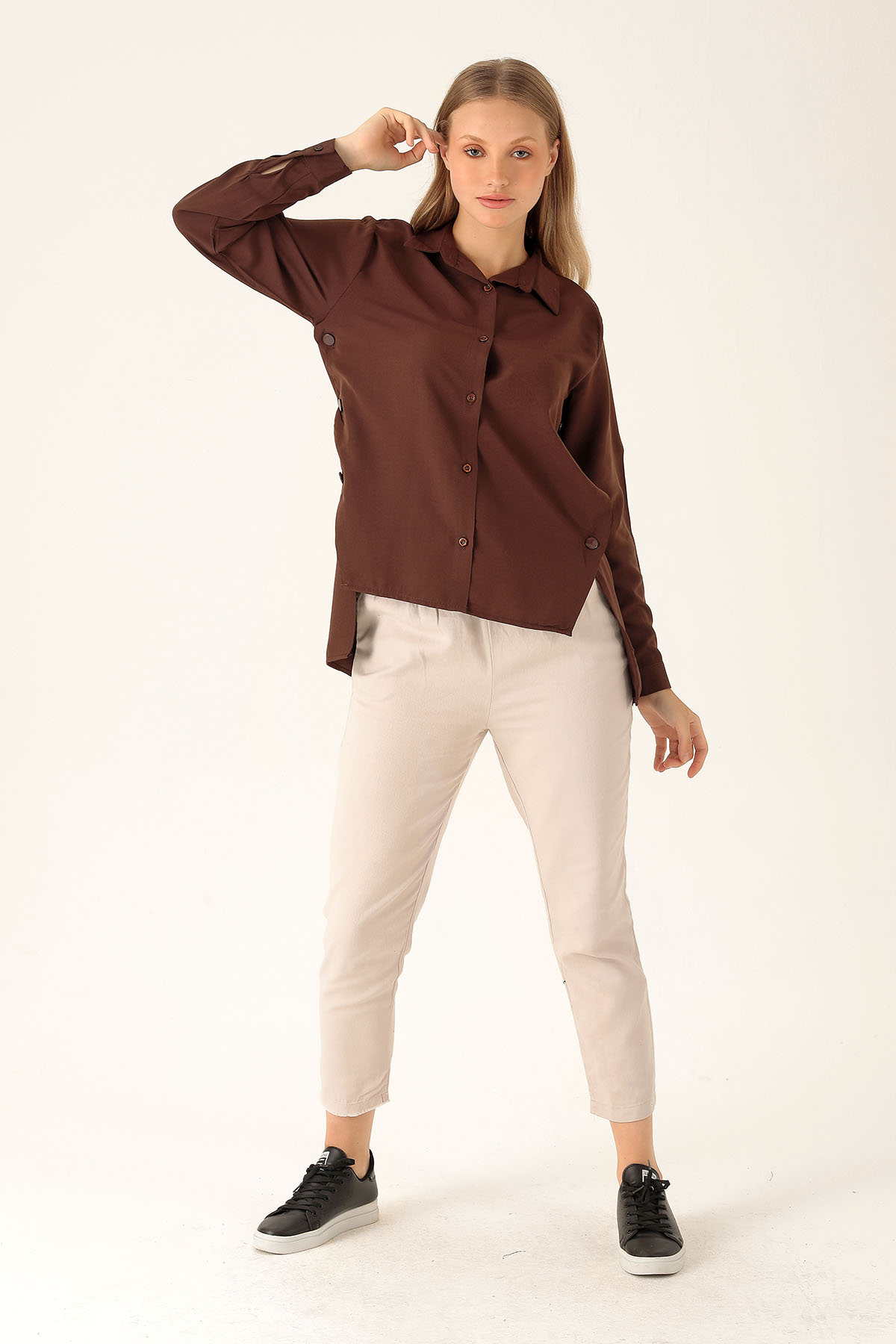 Yandan Çıtçıtlı Düğmeli Bayan Gömlek - 6508A Kahve - 4