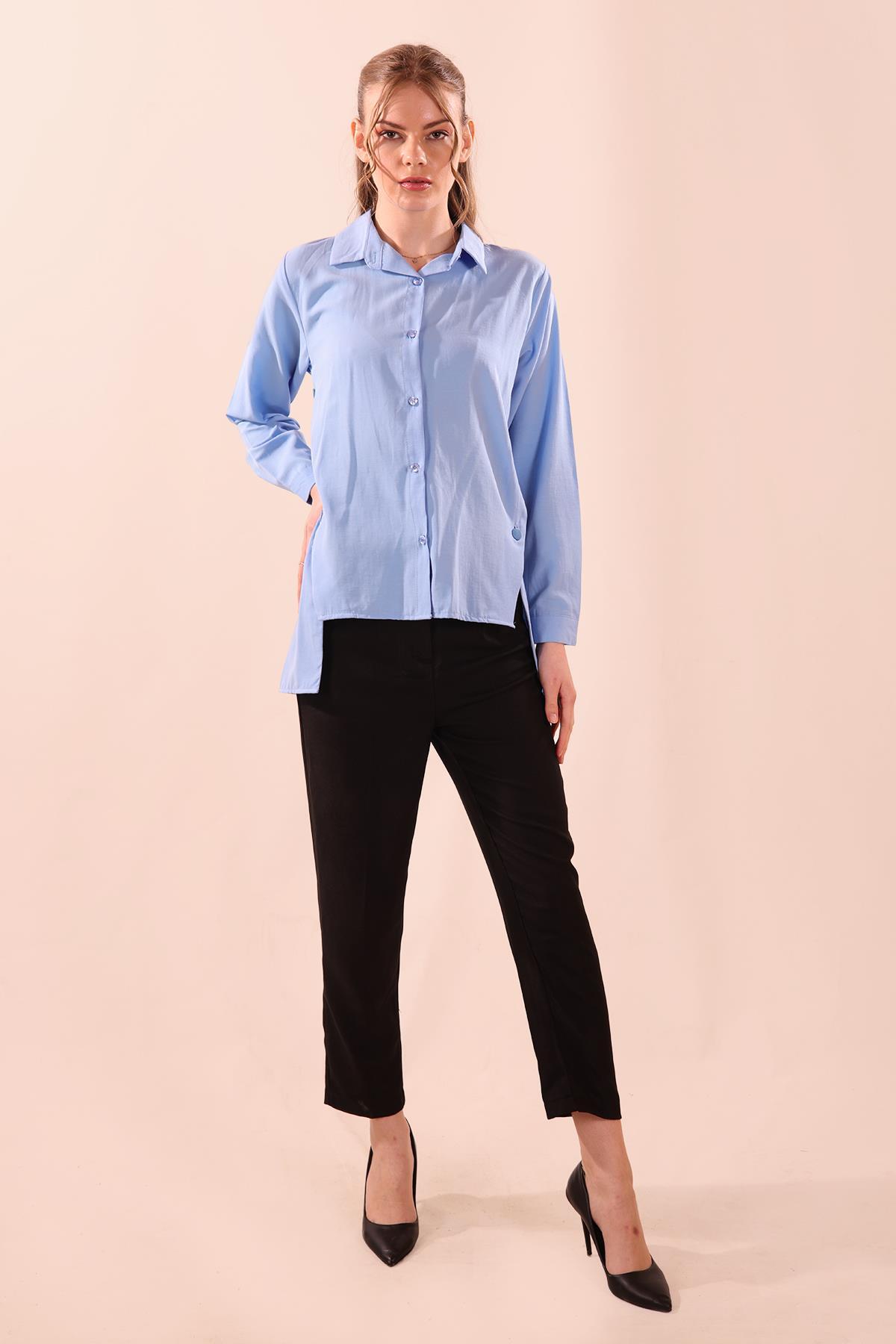 Yandan Çıtçıtlı Düğmeli Bayan Gömlek - 6508A Koyu Mavi - 1