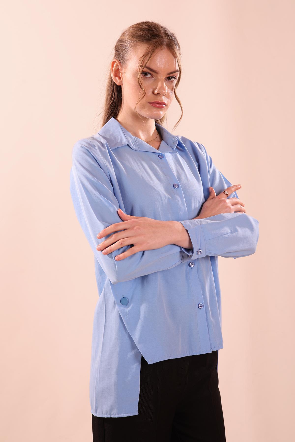 Yandan Çıtçıtlı Düğmeli Bayan Gömlek - 6508A Koyu Mavi - 4