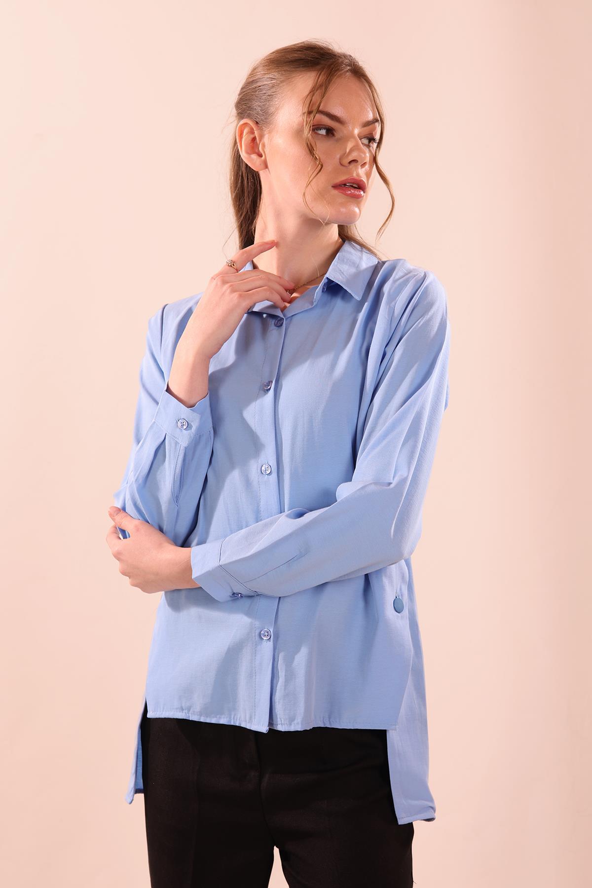 Yandan Çıtçıtlı Düğmeli Bayan Gömlek - 6508A Koyu Mavi - 5