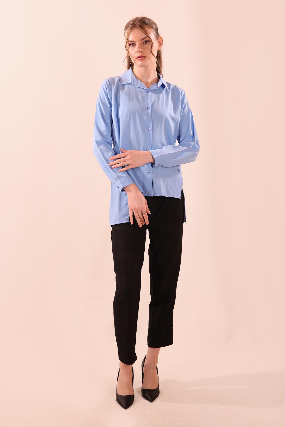 Yandan Çıtçıtlı Düğmeli Bayan Gömlek - 6508A Koyu Mavi - 3