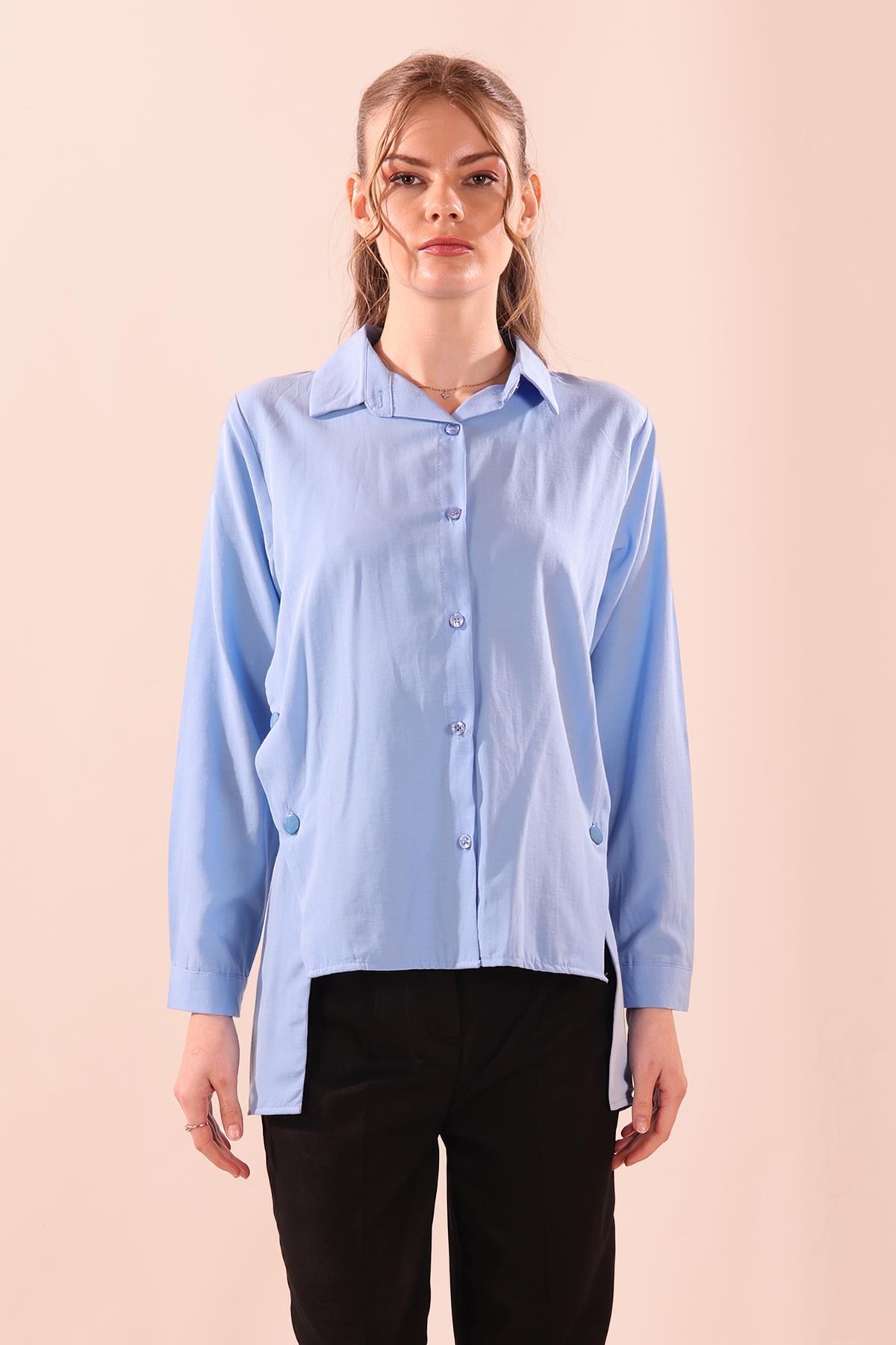 Yandan Çıtçıtlı Düğmeli Bayan Gömlek - 6508A Koyu Mavi - 2