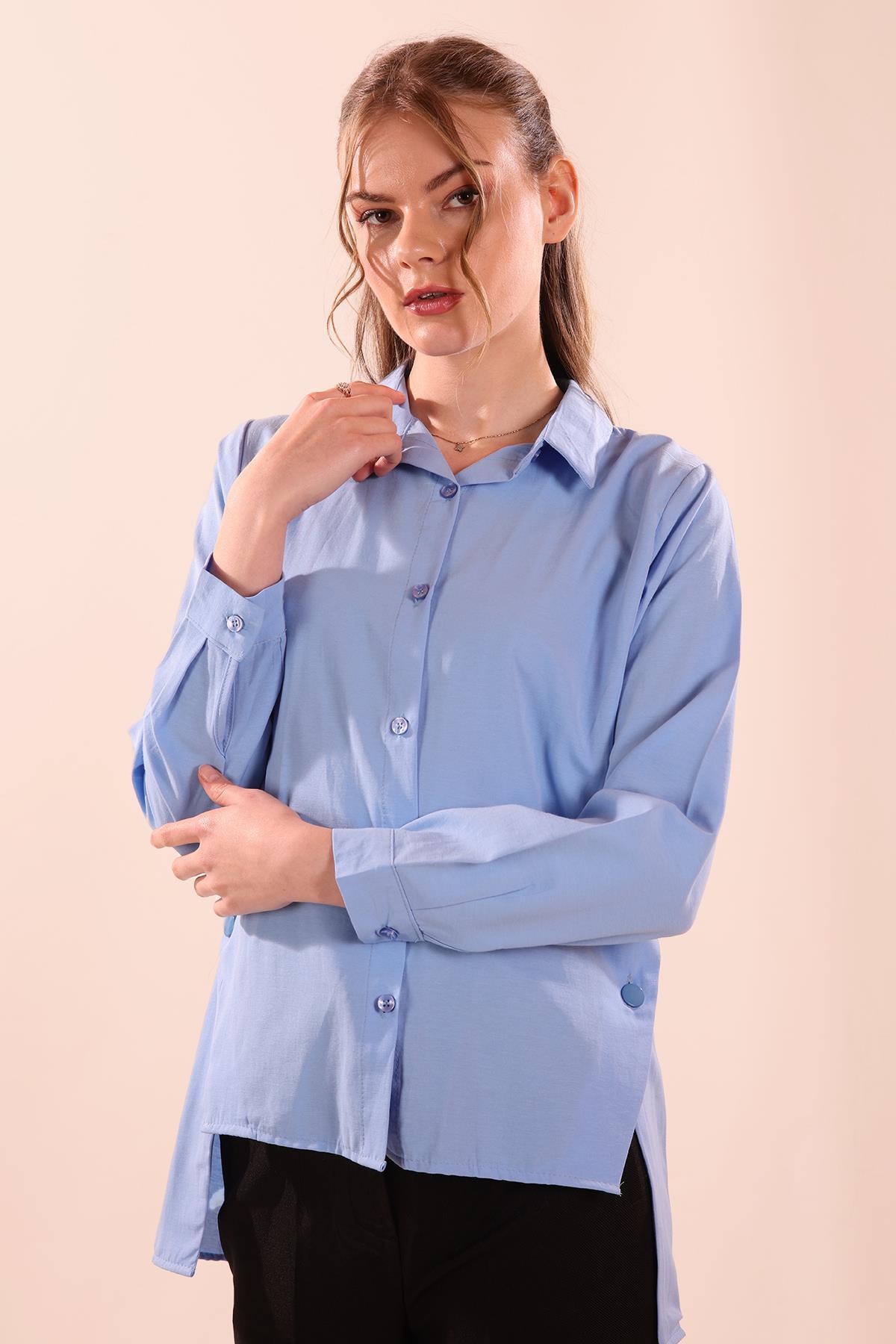 Yandan Çıtçıtlı Düğmeli Bayan Gömlek - 6508A Koyu Mavi - 6