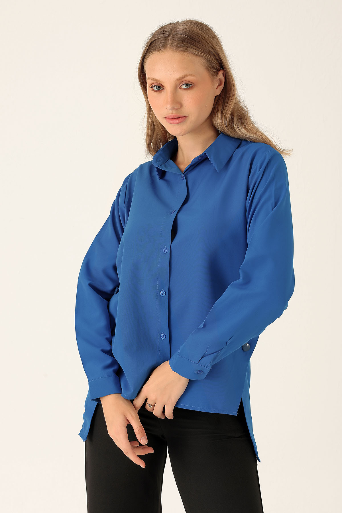 Yandan Çıtçıtlı Düğmeli Bayan Gömlek - 6508A Saks - 2