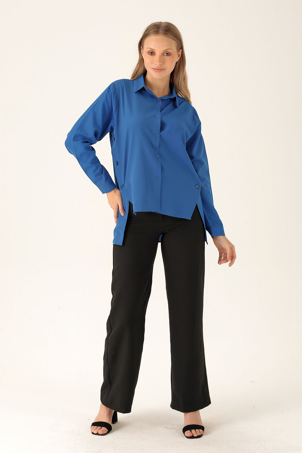 Yandan Çıtçıtlı Düğmeli Bayan Gömlek - 6508A Saks - 4