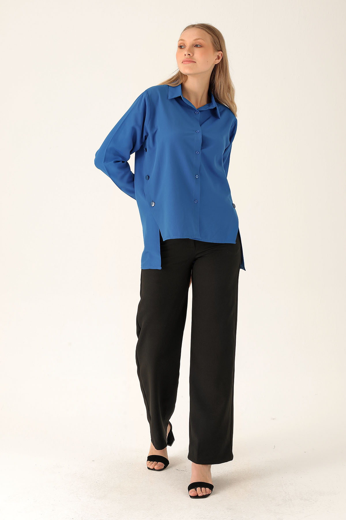 Yandan Çıtçıtlı Düğmeli Bayan Gömlek - 6508A Saks - 5