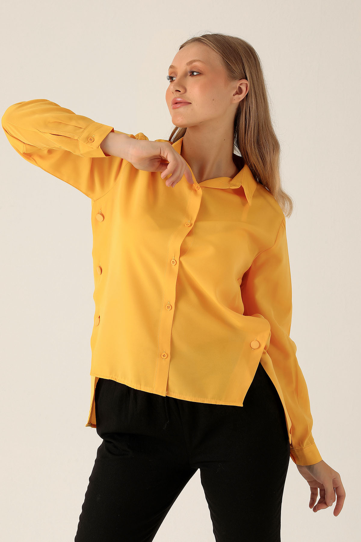 Yandan Çıtçıtlı Düğmeli Bayan Gömlek - 6508A Sarı - 2