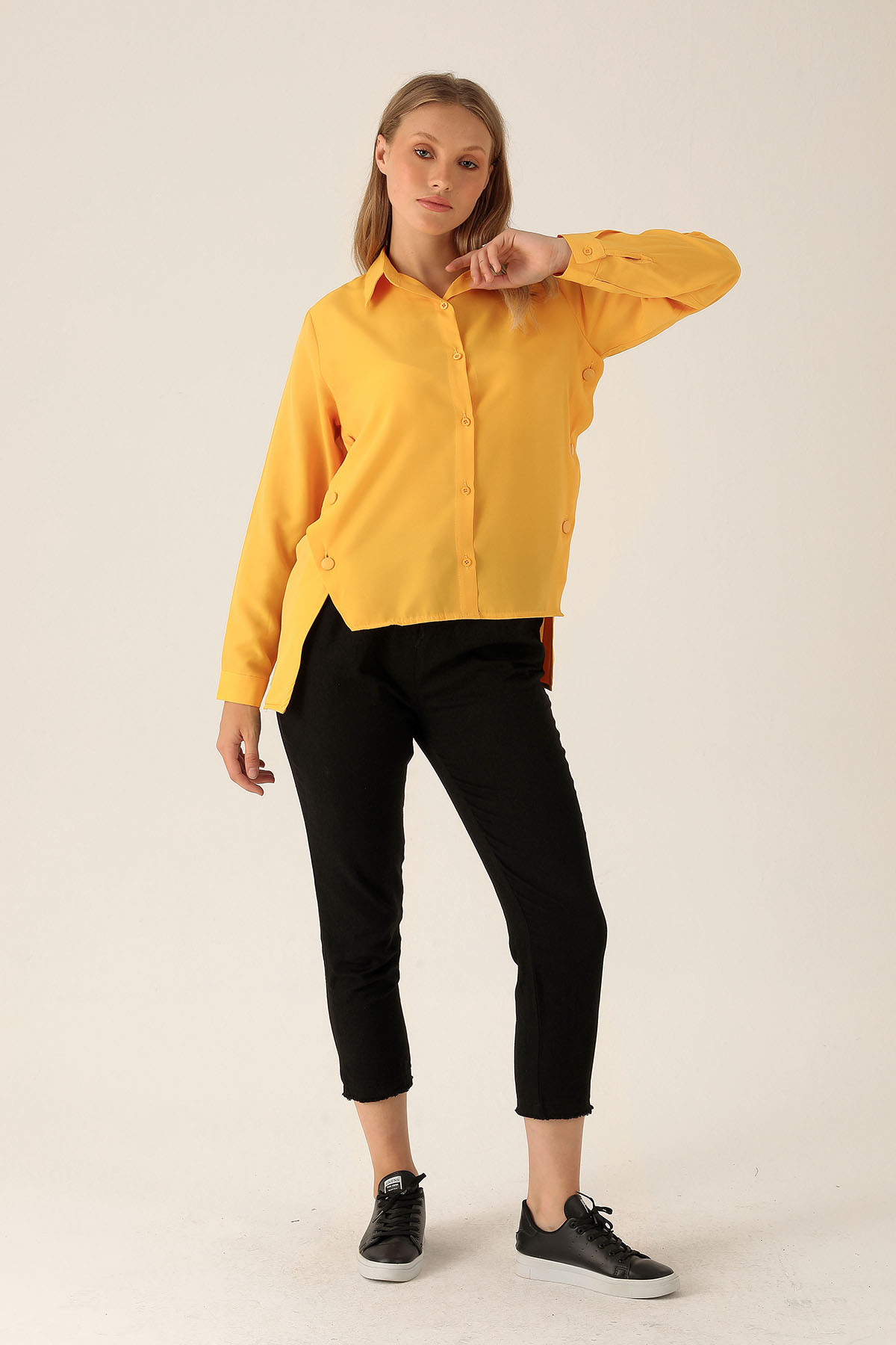 Yandan Çıtçıtlı Düğmeli Bayan Gömlek - 6508A Sarı - 5