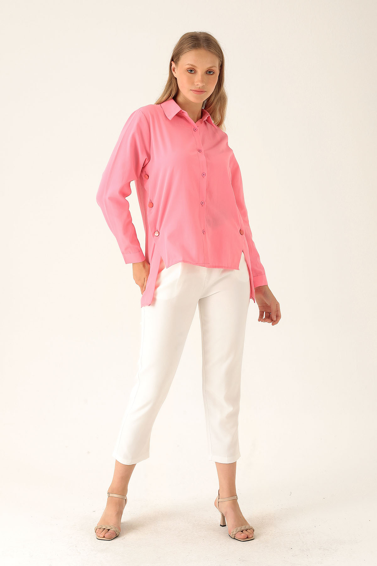 Yandan Çıtçıtlı Düğmeli Bayan Gömlek - 6508A Şeker Pembe - 4