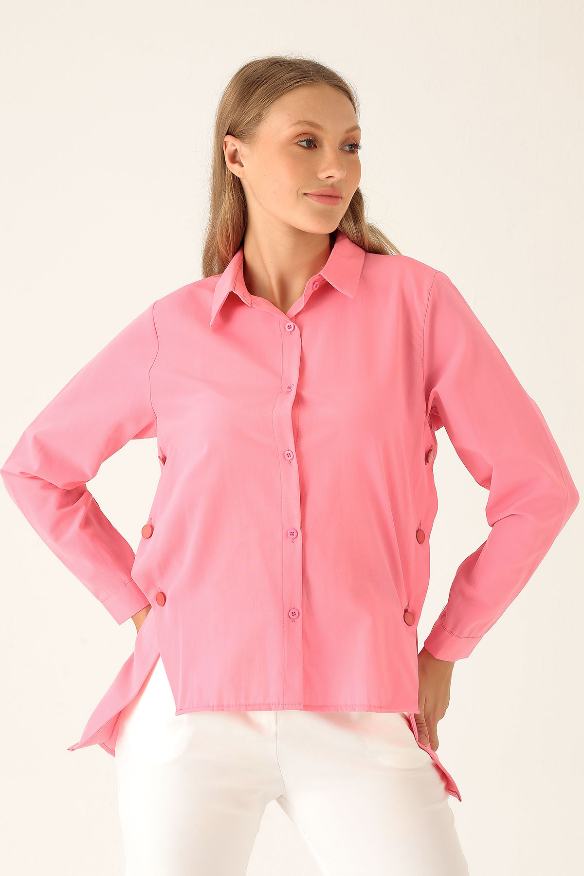 Yandan Çıtçıtlı Düğmeli Bayan Gömlek - 6508A Şeker Pembe - 2